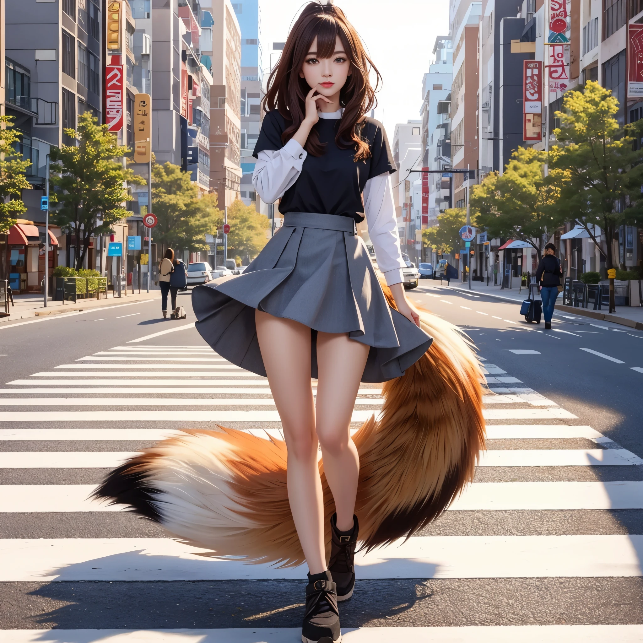 girl with a fox tail walking across a crosswalk, fox tail, fox girl, realistic 3d style, Cute style of women's furry mini, Forest city street behind her, very very beautiful fur art, realistic style, beautiful fox woman, hairy tail, beautiful girl, real girl, photograph, highest quality