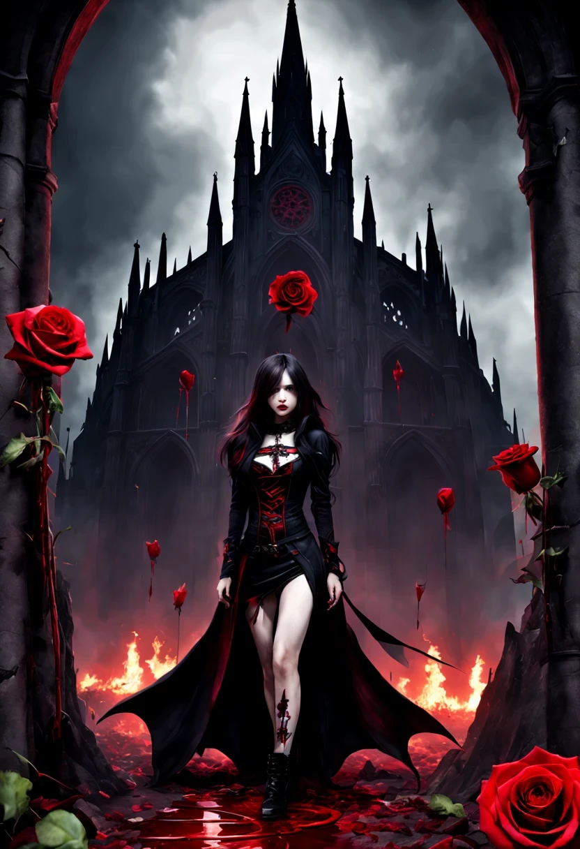 (Messenger from hell:1.4),cross,one个巨大的吸Blood鬼,View of sickle from below,hell,magma,flame,(紫色flame:1.3),There is fresh Blood on the ground,Blood pool,dripping Blood,Gothic aesthetics,one、Rose、castle、cross、Blood、churchyard,gothic style的神秘、solemn and profound,gothic style,gothic style蕾丝的衣服、象征浪漫的Rose、grave、吸Blood鬼、witch、ruins、gothic cathedral,Gothic symbols series