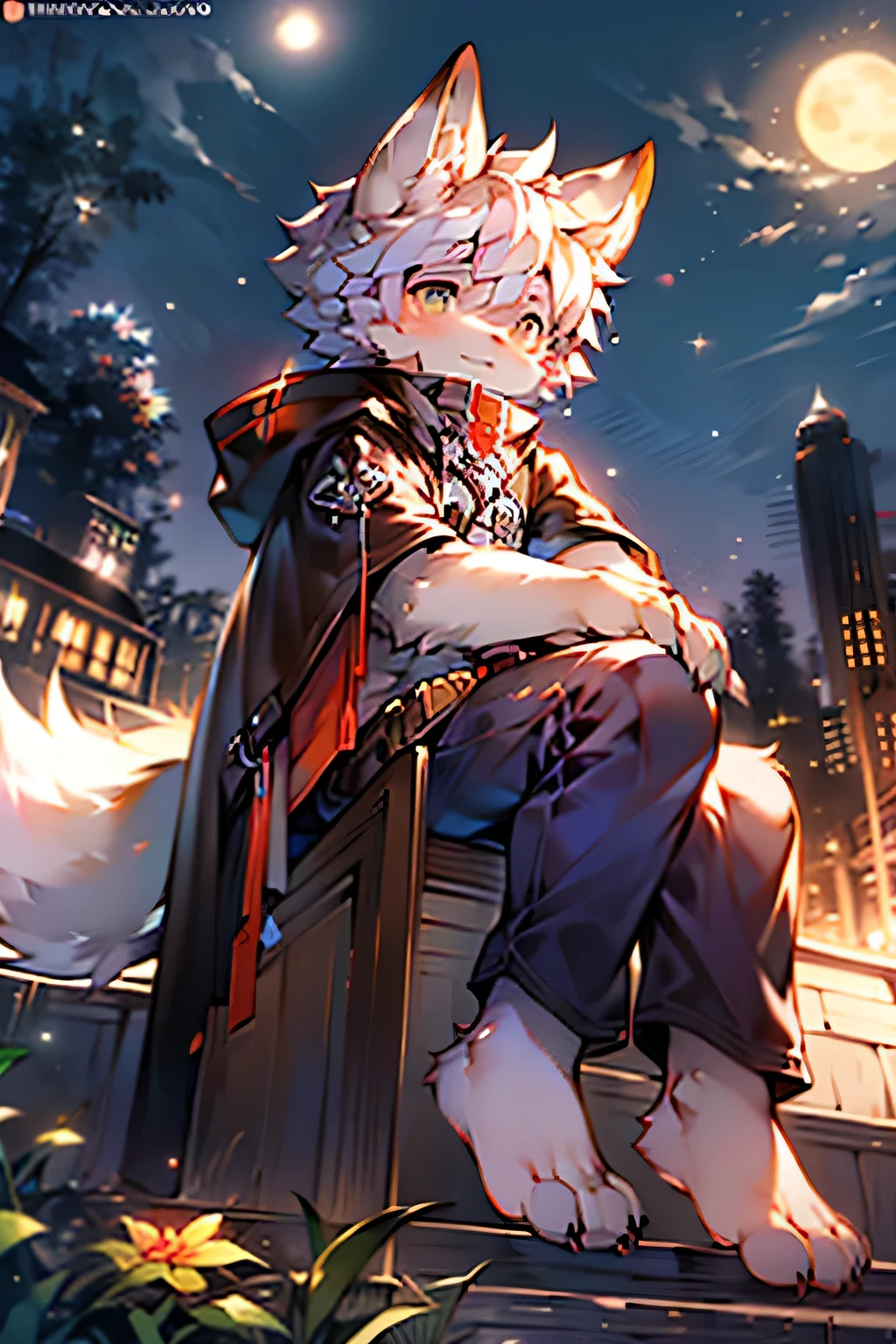 A cat sitting on the wall,Anime style image with full moon as background, white fur fox, Popular topics on artstation pixiv, cannon, from Arknights, High quality anime art style, anime style 4k, Detailed fanart, High quality fan art, Animation Art Wallpaper 8k, Moon themed clothing, The art of silver fox, 4k comic wallpaper