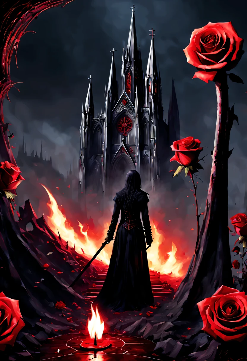 (Messenger from hell:1.4),cross,one个巨大的吸Blood鬼,View of sickle from below,hell,magma,flame,(紫色flame:1.3),There is fresh Blood on the ground,Blood pool,dripping Blood,Gothic aesthetics,one、Rose、castle、cross、Blood、churchyard,gothic style的神秘、solemn and profound,gothic style,gothic style蕾丝的衣服、象征浪漫的Rose、grave、吸Blood鬼、witch、ruins、gothic cathedral,Gothic symbols series