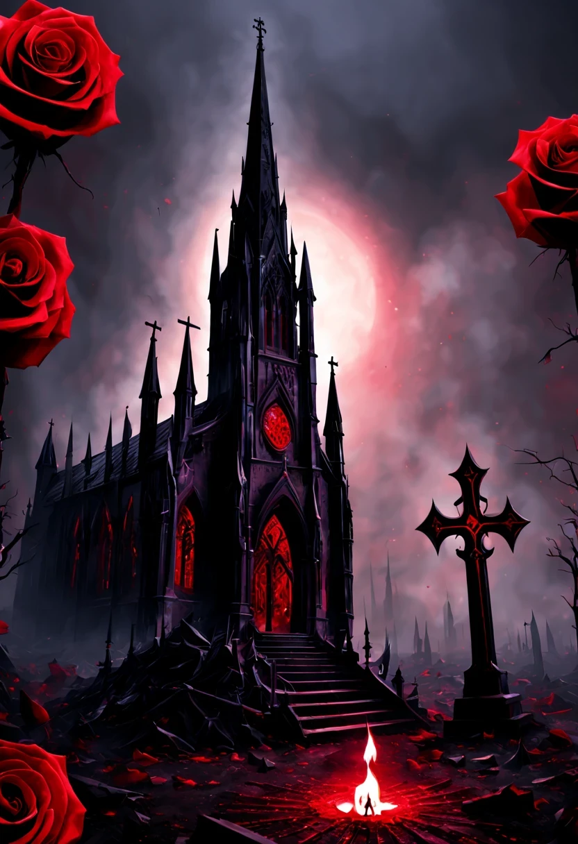 （Messenger from hell：1.4），cross，one个巨大的吸Blood鬼，View of sickle from below，hell，magma，flame，（紫色flame：1.3），There is fresh Blood on the ground，Blood pool，dripping Blood，Gothic aesthetics，one、Rose、castle、cross、Blood、churchyard，gothic style的神秘、solemn and profound，gothic style，gothic style蕾丝的衣服、象征浪漫的Rose、grave、吸Blood鬼、witch、ruins、gothic cathedral，Gothic symbols series