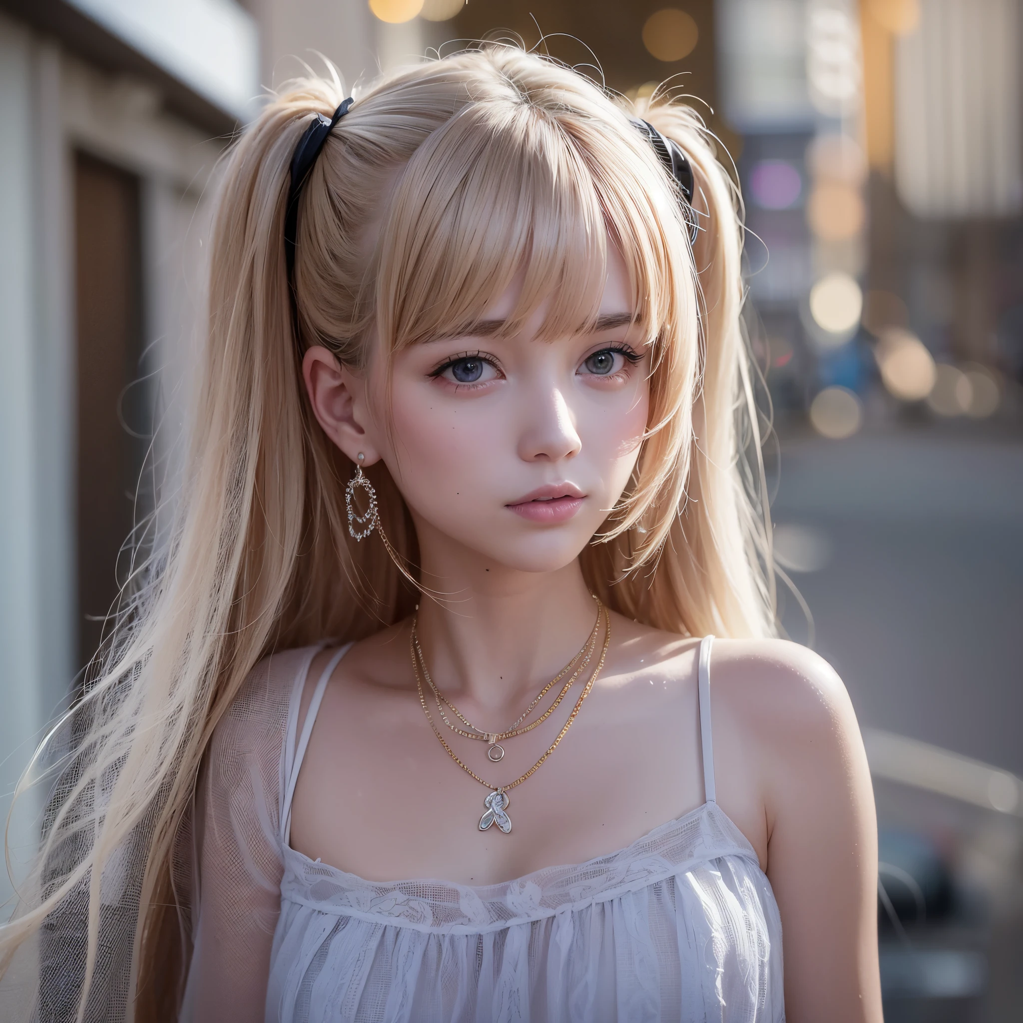 (8k,4k,highest quality,high resolution:1.1),(realistic, realistic: 1.1),close up of european man,young girl,1 girl,alone,face,twin tails,bangs,short golden hair,necklace,earrings,lips,eye shadow, jewelry,(golden hair),(beautiful),(Are standing),(small hips),downtown,natural skin texture,24mm,4K texture,soft movie-like light,RAW photo, photorealism,realistic,Complex,elegant, highly be familiar with,sharp focus,((((cinematic look)))),soothing tone,insane details, Complex details,hyperbe familiar with,low contrast, soft movie-like light,dim color,exposure blend,HDR,faded,spaghetti straps,be familiar with, high contrast,  