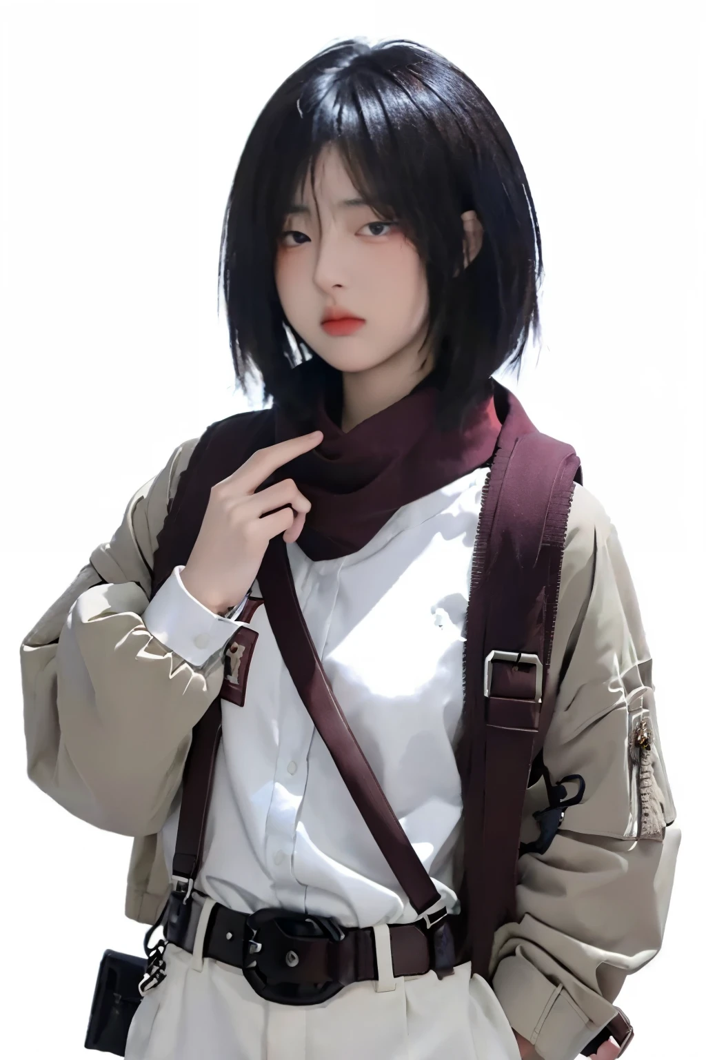 mikasa ackerman, shingeki no kyojin, 1girl, bangs, belt, belt buckle, black eyes, black hair, brown belt, brown jacket, buckle, dress shirt, hair between eyes, jacket, long sleeves, medium hair, open clothes, open jacket, paradis military uniform, red scarf, scarf, shirt, solo, standing, straight hair, suspenders, three-dimensional maneuver gear, white background, white shirt, wing collar

, ((masterpiece)) 