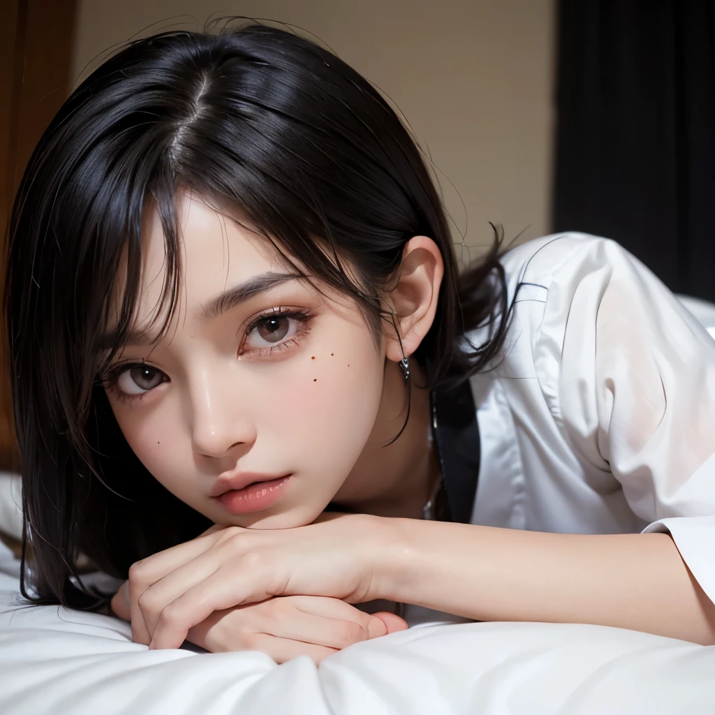 ((sfw: 1.4)), detailed face, cute face,brown eye, , extra short hair, sidelocks-hair, master piece ,lie , pillow hug dakimakura (object) , master piece , best quality , detailed , (matured female) , blouse , japanese , room , indoor