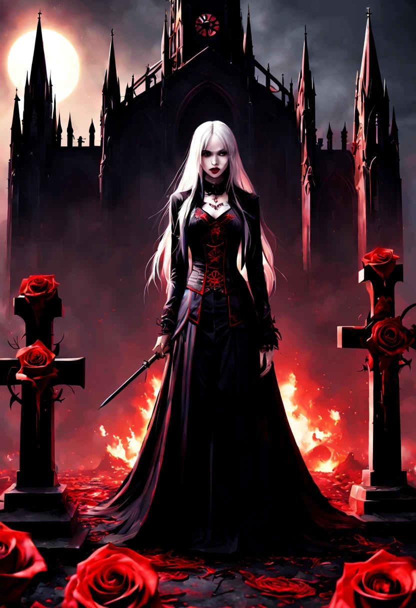 （Messenger from hell：1.4），cross，one个巨大的吸Blood鬼，View of sickle from below，hell，magma，flame，（紫色flame：1.3），There is fresh Blood on the ground，Blood pool，dripping Blood，Gothic aesthetics，one、Rose、castle、cross、Blood、churchyard，gothic style的神秘、solemn and profound，gothic style，gothic style蕾丝的衣服、象征浪漫的Rose、grave、吸Blood鬼、witch、ruins、gothic cathedral，Gothic symbols series