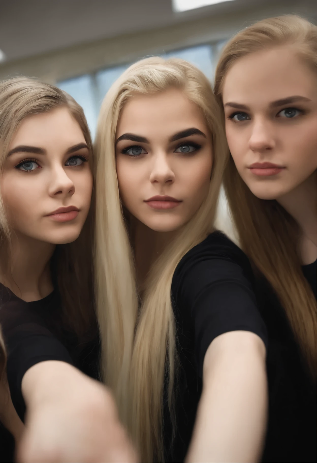 A close up wide angle a selfie taken from an evil, lightly goth dark haired female all alone. Behind her three mean female teenth blonde hair gossiping about her. Inside a classroom. Realistic. Real. Ultra realistic. highly detailed.
