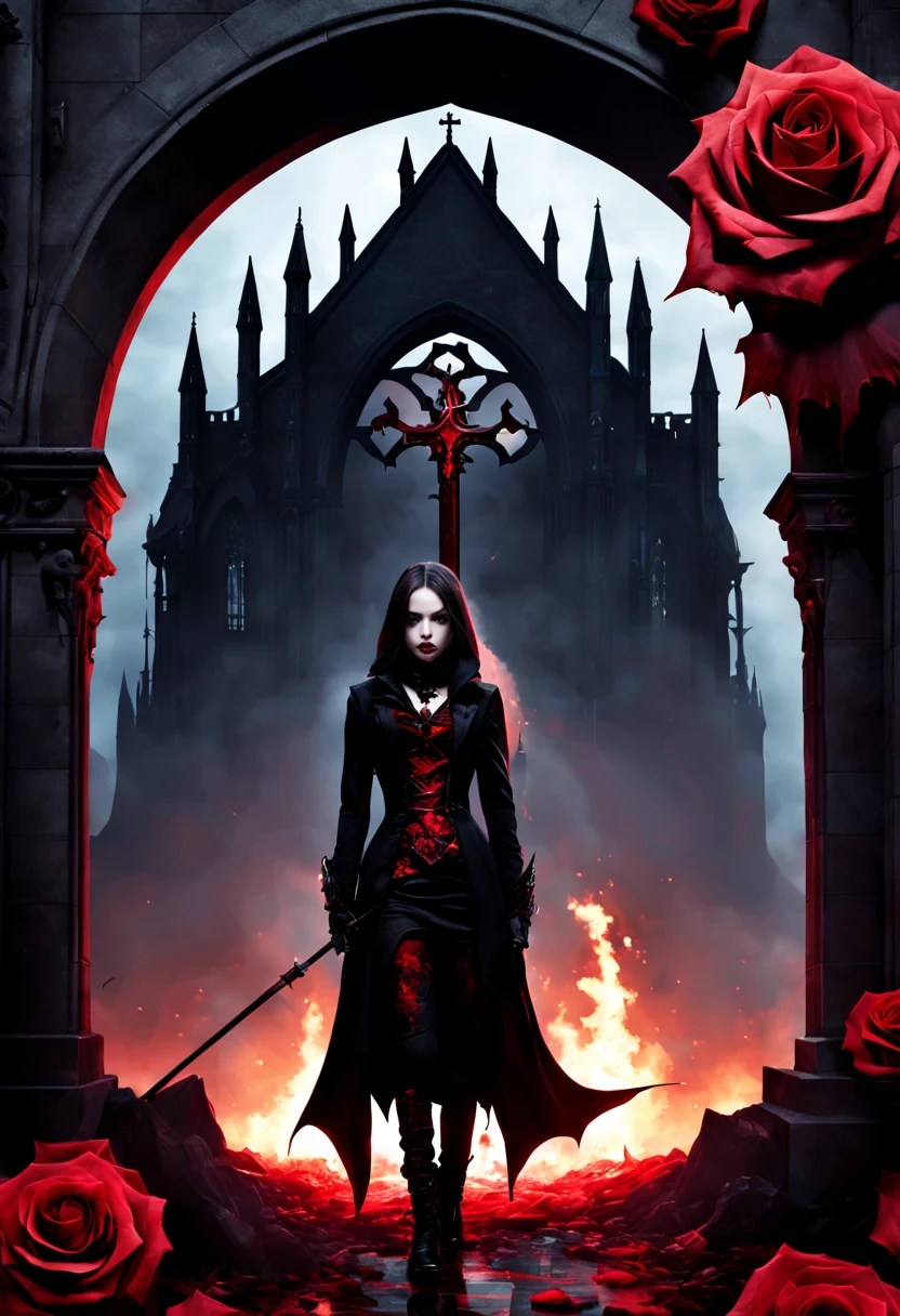 （Messenger from hell：1.4），cross，one个巨大的吸Blood鬼，View of sickle from below，hell，magma，flame，（紫色flame：1.3），There is fresh Blood on the ground，Blood pool，dripping Blood，Gothic aesthetics，one、Rose、castle、cross、Blood、churchyard，gothic style的神秘、solemn and profound，gothic style，gothic style蕾丝的衣服、象征浪漫的Rose、grave、吸Blood鬼、witch、ruins、gothic cathedral，Gothic symbols series