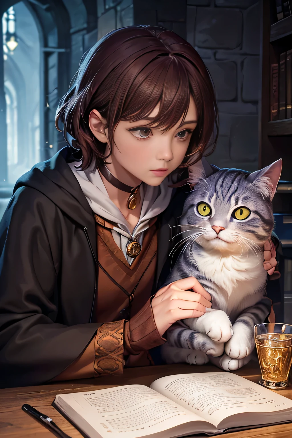 Digital Illustration of a fateful encounter between a wise and mysterious cat, portraying Harry Potter's enchanting persona, for the coveted spot on a magazine cover.';
(Magic Realism:1.2), (Harry Potter and the Magical Cat: An Unforgettable Twist),
(Harry Potter's Magical Companion: A Cat's Tale),
(A captivating close-up of Harry Potter and the cat, as they exchange meaningful looks under the soft, ethereal glow of a magical lights),
(Naturalistic Light.),
(Moonlight.,),
(Professional Lighting.),