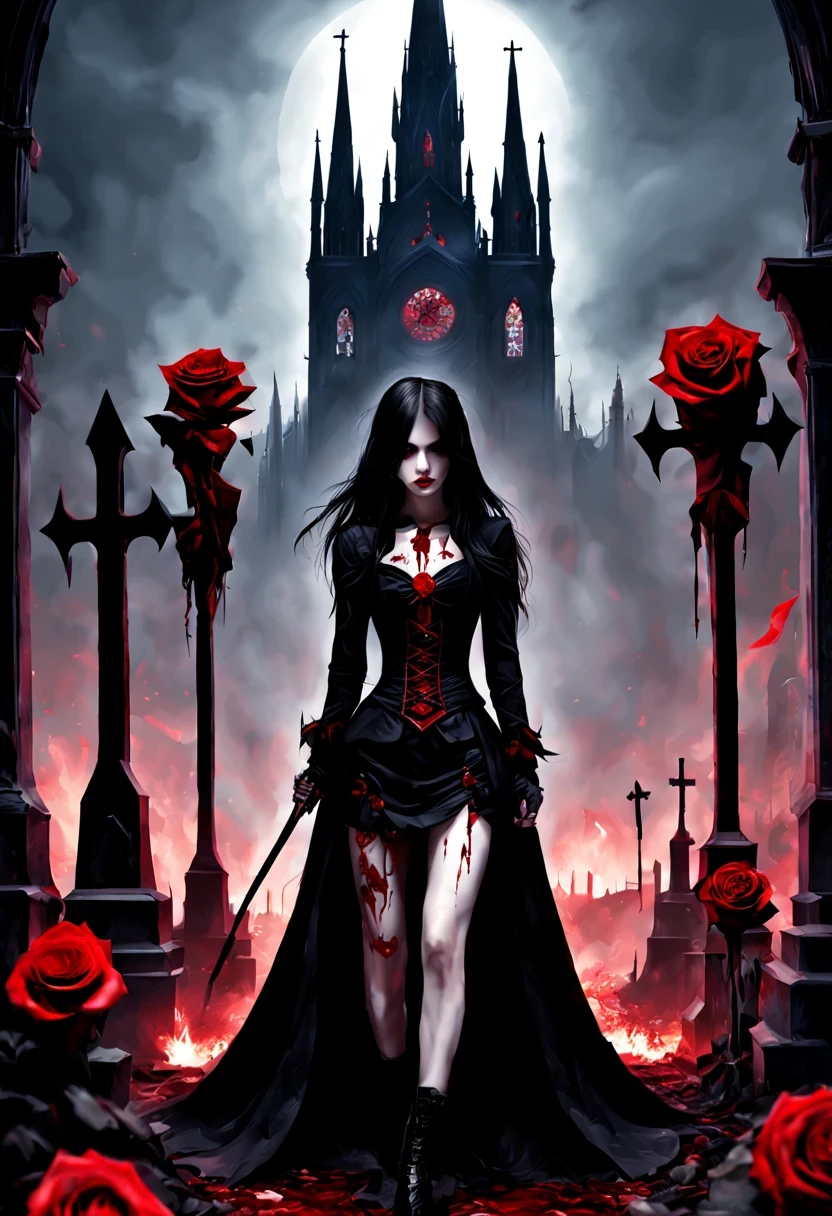 (Messenger from hell:1.4),cross,one个巨大的吸Blood鬼,View of sickle from below,hell,magma,flame,(紫色flame:1.3),There is fresh Blood on the ground,Blood pool,dripping Blood,Gothic aesthetics,one、Rose、castle、cross、Blood、churchyard,gothic style的神秘、solemn and profound,gothic style,gothic style蕾丝的衣服、象征浪漫的Rose、grave、吸Blood鬼、witch、ruins、gothic cathedral,Gothic symbols series