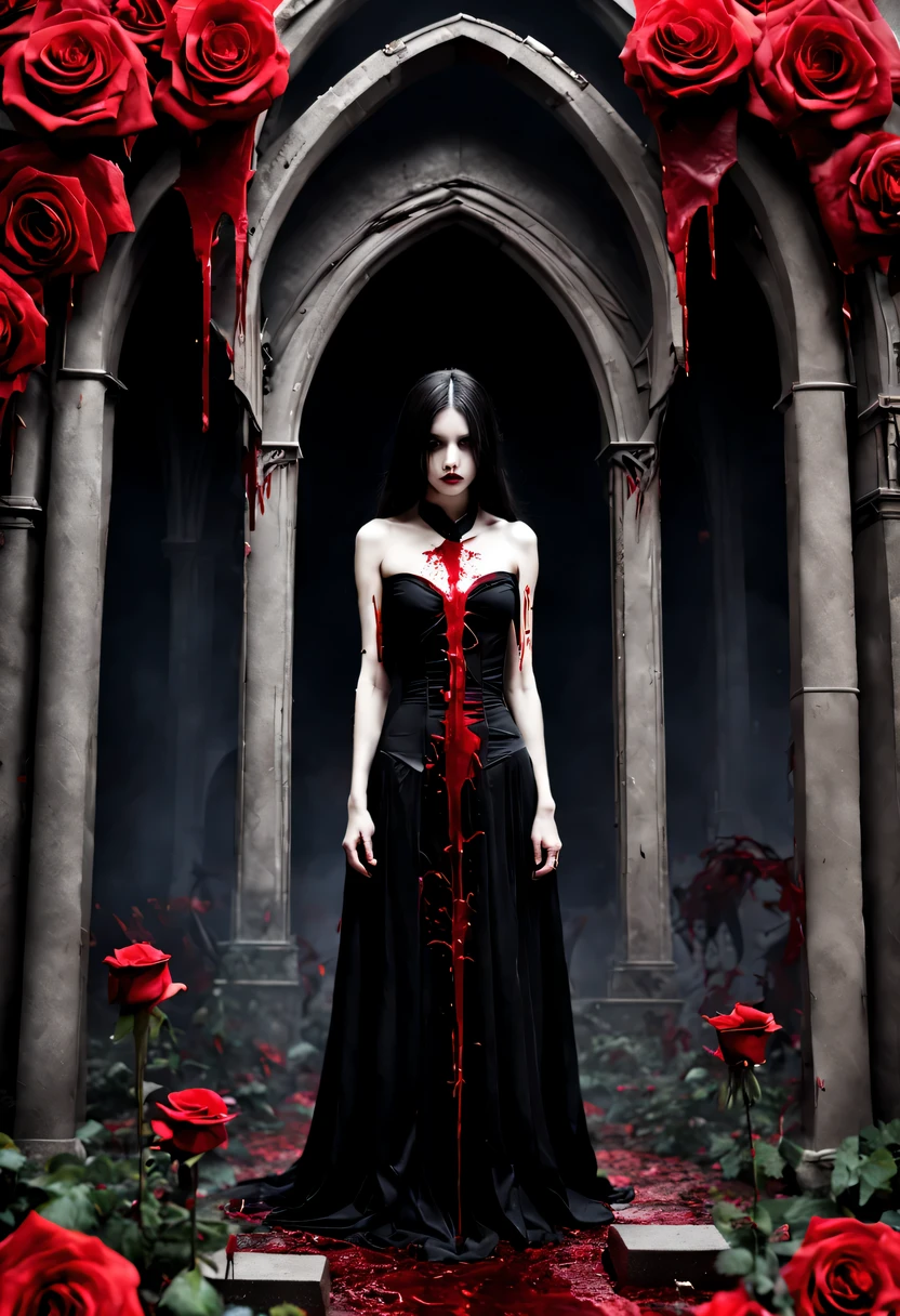 The bride lying down ,,The skirt of your white dress is torn and stained red.,Ripping,lying in the forest,dark and scary with hooded beings around, Bblack hair, high resolution,
