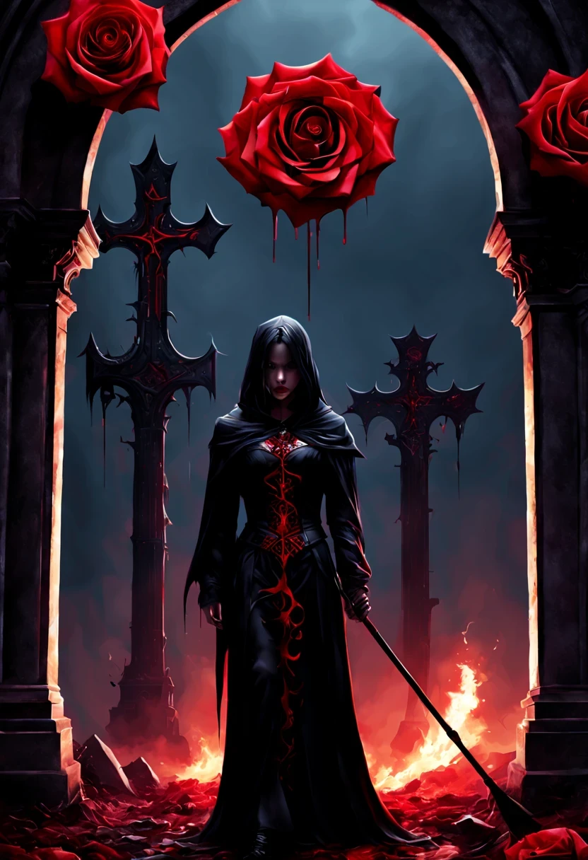 (Messenger from hell:1.4),cross,one个巨大的吸Blood鬼,View of sickle from below,hell,magma,flame,(紫色flame:1.3),There is fresh Blood on the ground,Blood pool,dripping Blood,Gothic aesthetics,one、Rose、castle、cross、Blood、churchyard,gothic style的神秘、solemn and profound,gothic style,gothic style蕾丝的衣服、象征浪漫的Rose、grave、吸Blood鬼、witch、ruins、gothic cathedral,Gothic symbols series