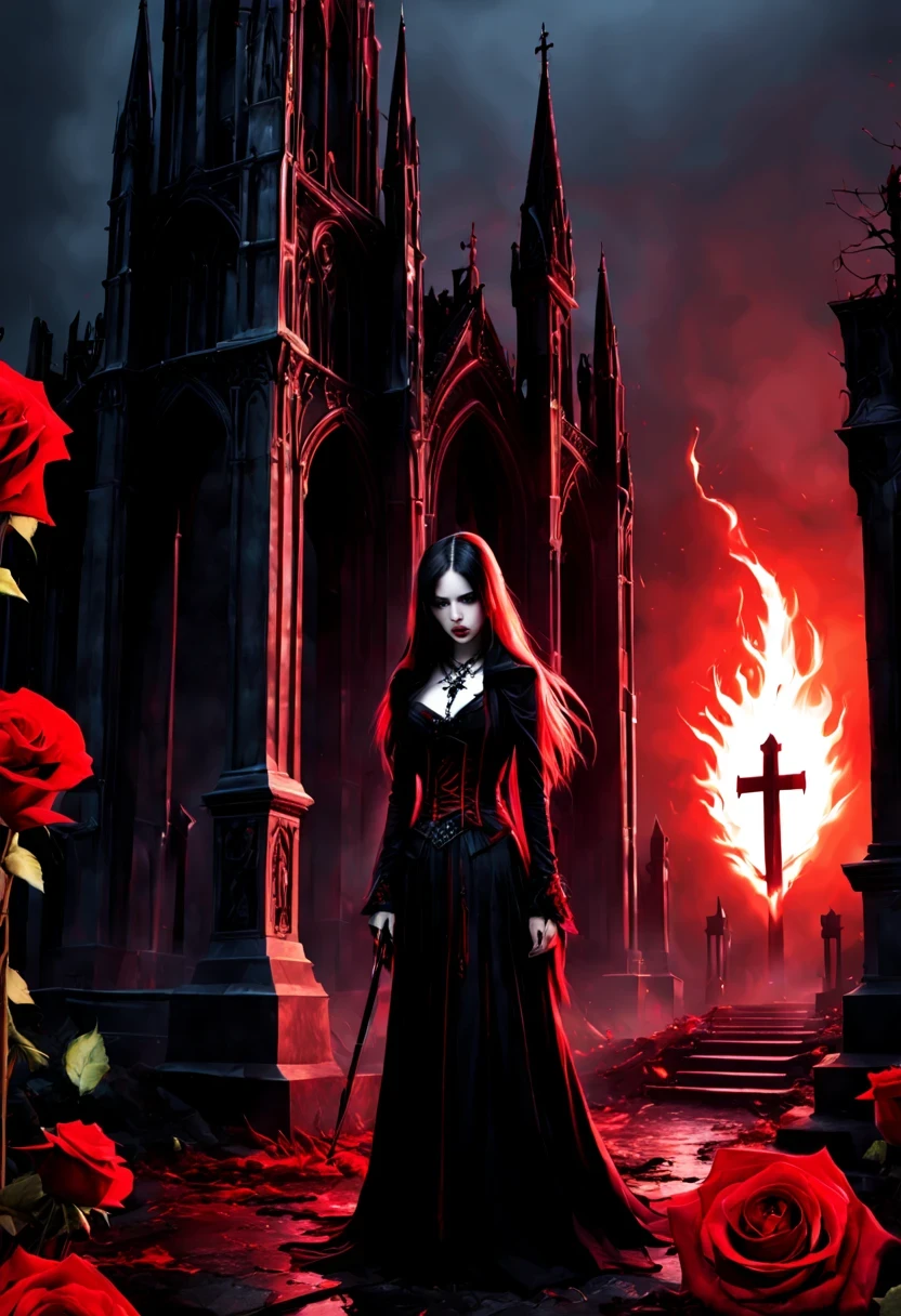(Messenger from hell:1.4),cross,one个巨大的吸Blood鬼,View of sickle from below,hell,magma,flame,(紫色flame:1.3),There is fresh Blood on the ground,Blood pool,dripping Blood,Gothic aesthetics,one、Rose、castle、cross、Blood、churchyard,gothic style的神秘、solemn and profound,gothic style,gothic style蕾丝的衣服、象征浪漫的Rose、grave、吸Blood鬼、witch、ruins、gothic cathedral,Gothic symbols series