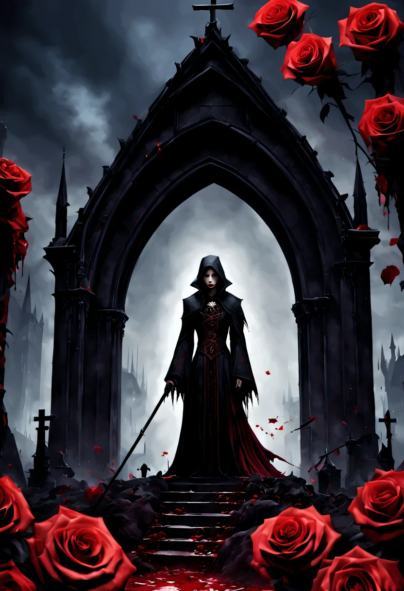 （Messenger from hell：1.4），cross，one个巨大的吸Blood鬼，View of sickle from below，hell，magma，flame，（紫色flame：1.3），There is fresh Blood on the ground，Blood pool，dripping Blood，Gothic aesthetics，one、Rose、castle、cross、Blood、churchyard，gothic style的神秘、solemn and profound，gothic style，gothic style蕾丝的衣服、象征浪漫的Rose、grave、吸Blood鬼、witch、ruins、gothic cathedral，Gothic symbols series