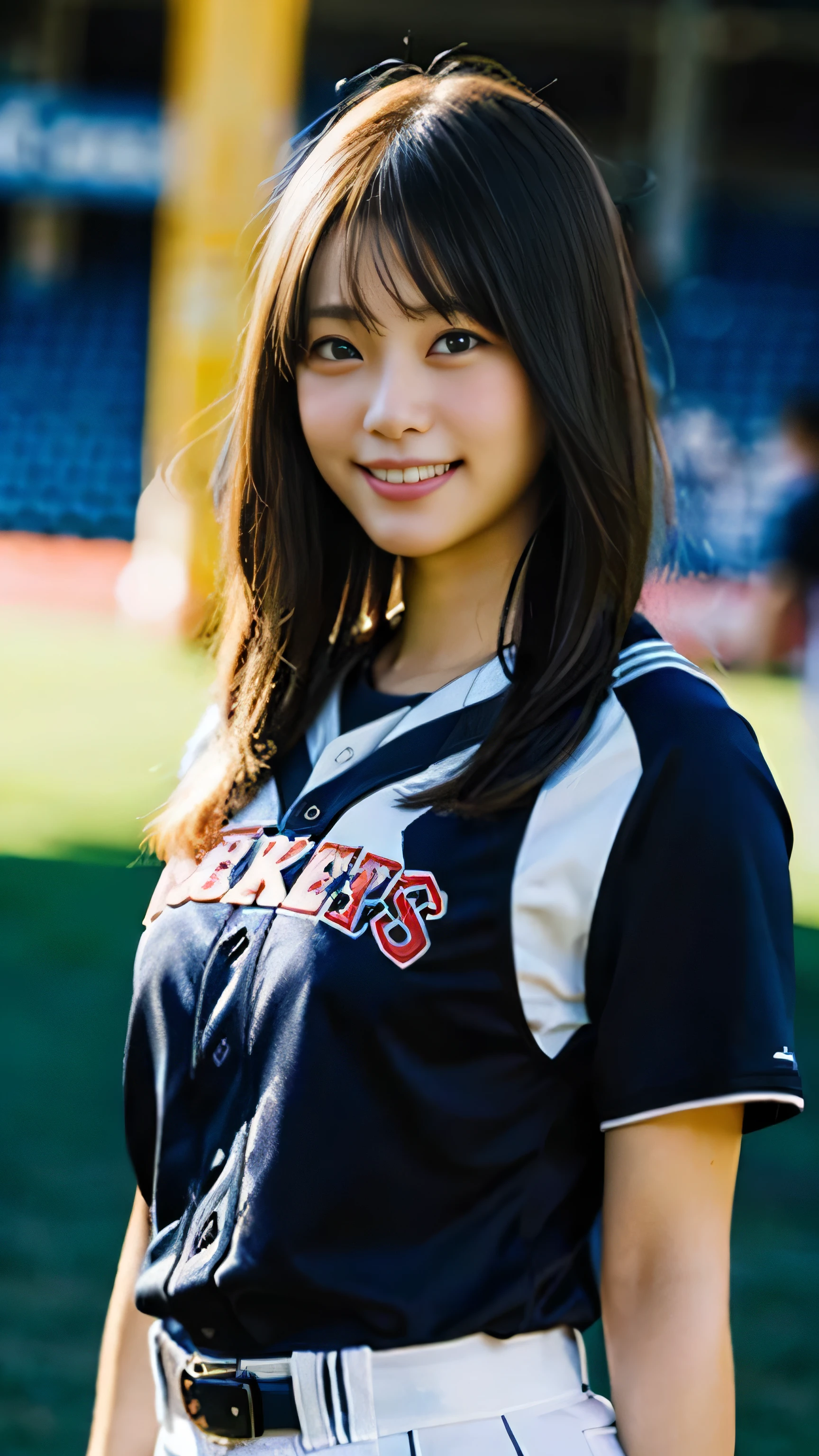 (8k、RAW photo、highest quality、masterpiece:1.2)、(realistic、Photoreal:1.37)、Super detailed、超A high resolution、1 girl、see the beholder、beautiful and detailed face、laughter、narrow、(slim waist) :1.3)、Fine and beautiful skin、skin texture、floating hair、professional lighting、as a whole human body、long hair、blonde、baseball uniform、high school girl、baseball Ground、bob hair、smile、15 year old student、F cup、no makeup