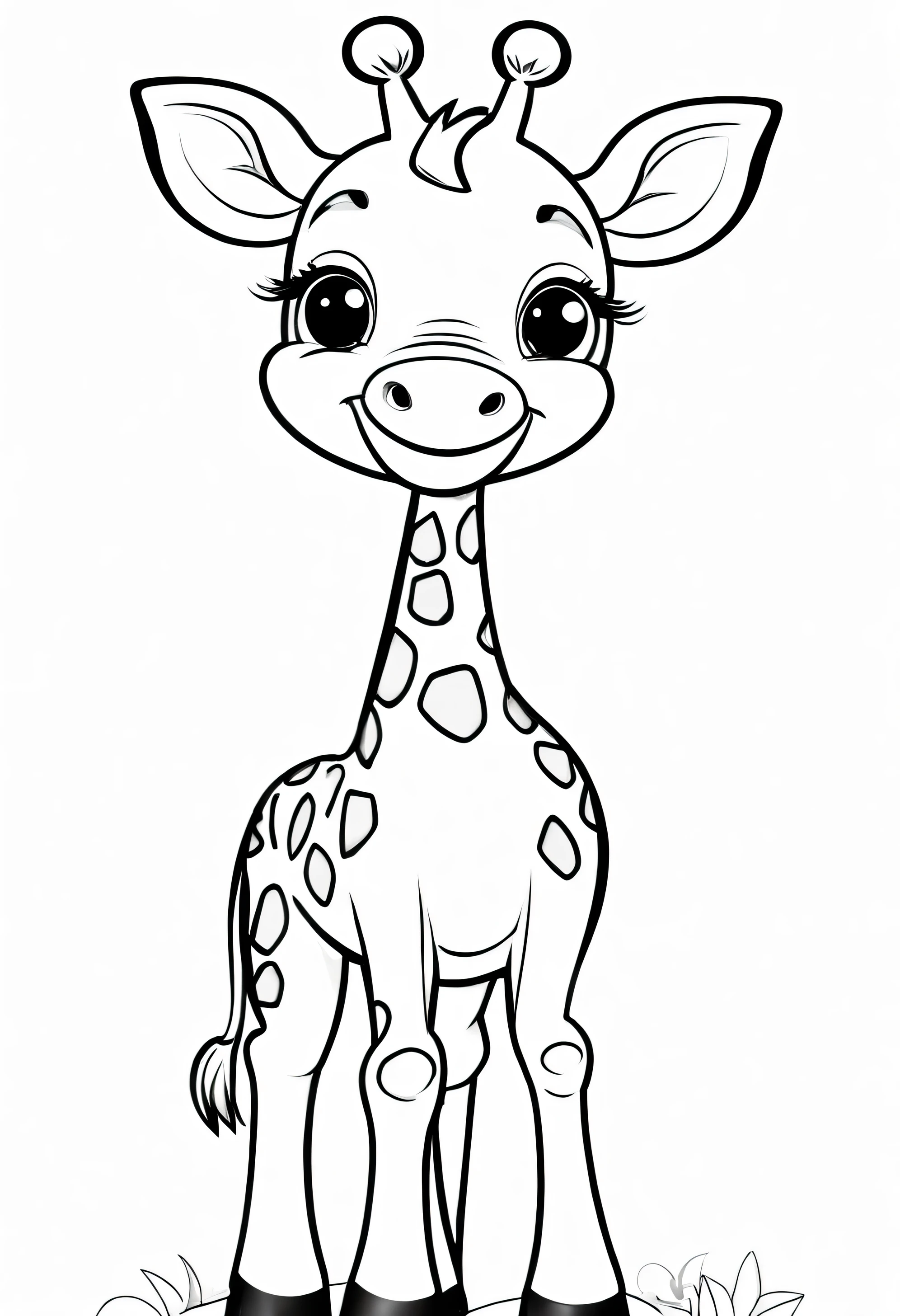 create a friendly Giraffe character with smiling face, outline art With white, White background, Sketch Style, full body, Only use outline, Cartoon style, Clean and clear and well outlined, Ensure the Giraffe has smooth And inviting appearance, And keep the design Minimalistic For easy coloring. The goal is To make it appealing And approachable For children aged 2 to 5 In the middle of their Artistic journey, Made it black and white