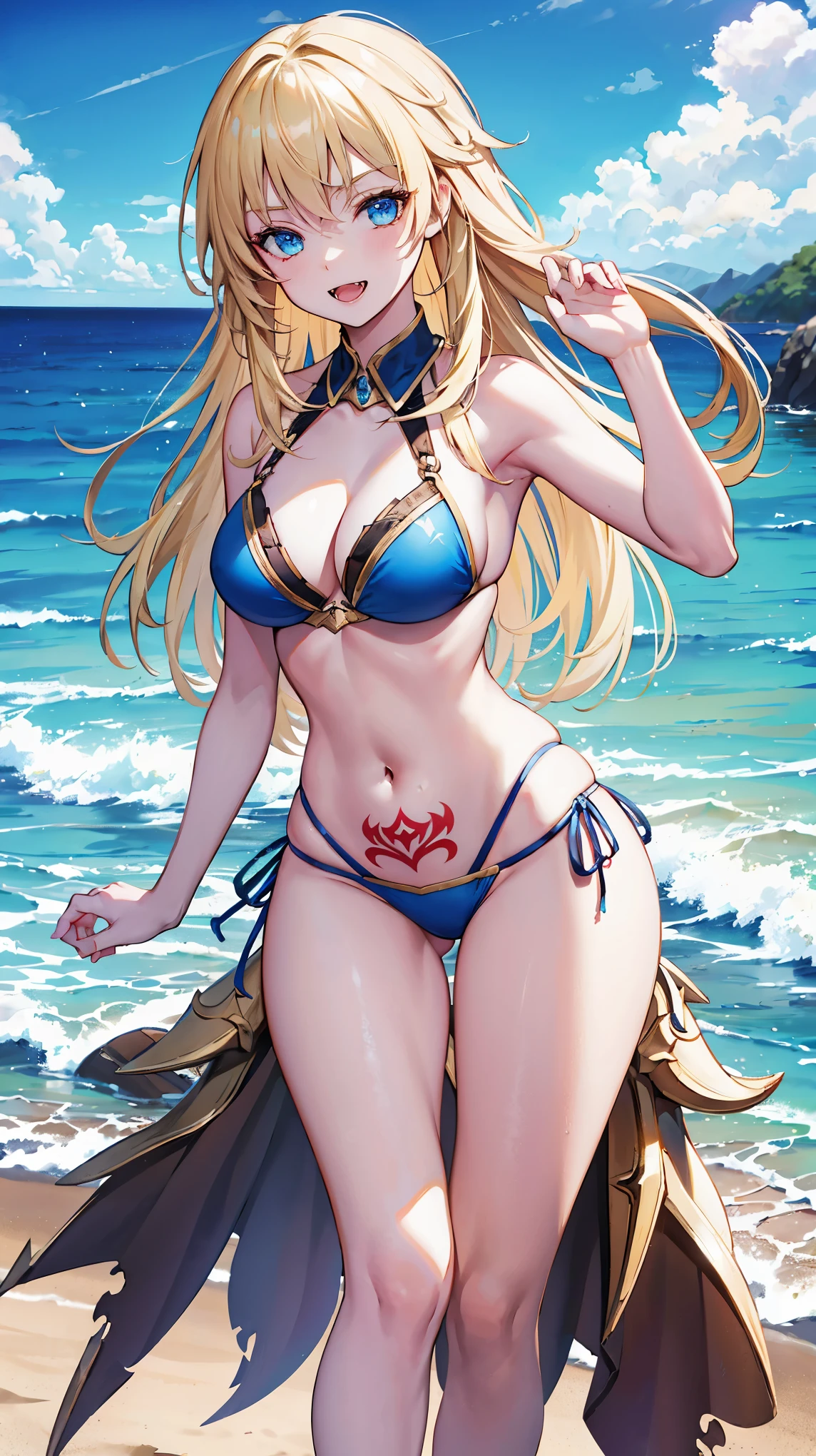 young girl, blonde hair, blue eyes, smirk, fangs, dynamic pose, tattoo, Aoi, Arena of Valor, blue bikini, beach, Masterpiece, hiquality, ultra details, HD, 4k