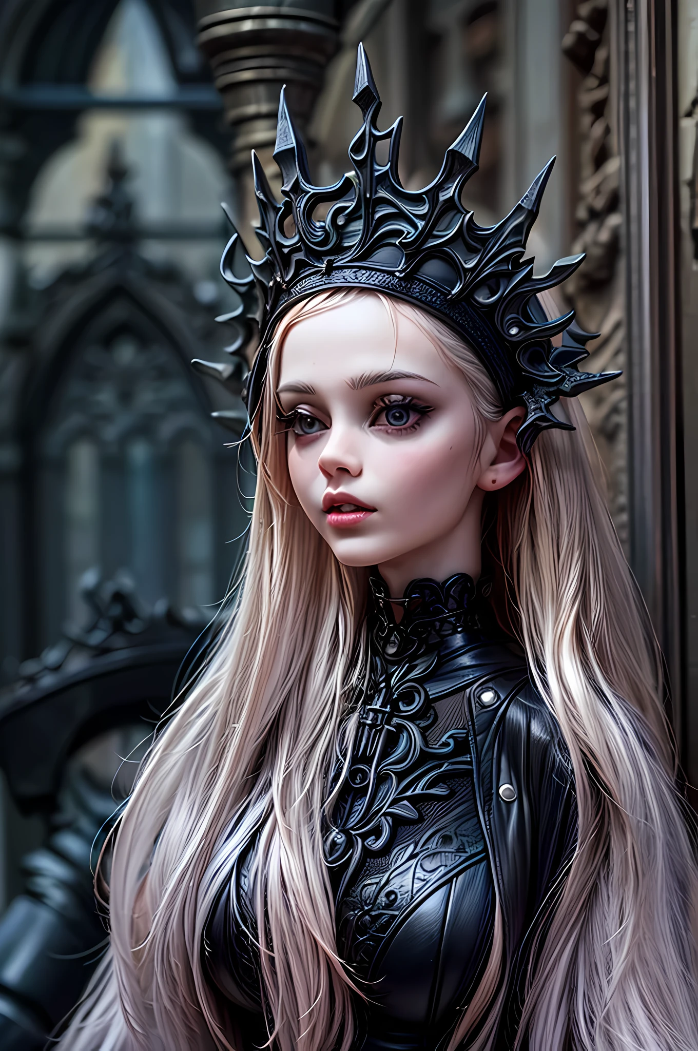 a goth picture of Barbie as a gothic queen (best details, Masterpiece, best quality :1.5), ultra detailed face (best details, Masterpiece, best quality :1.5), ultra feminine (best details, Masterpiece, best quality :1.5), wearing latex black mini dress, black stockings, pink high heels, long braided hair, hair pulled back, blond hair, dynamic goth background (best details, Masterpiece, best quality :1.5), ultra best realistic pictures , best details, best quality, 16k, [ultra detailed], masterpiece, best quality, (extremely detailed), ultra wide shot, photorealism, depth of field, hyper realistic painting