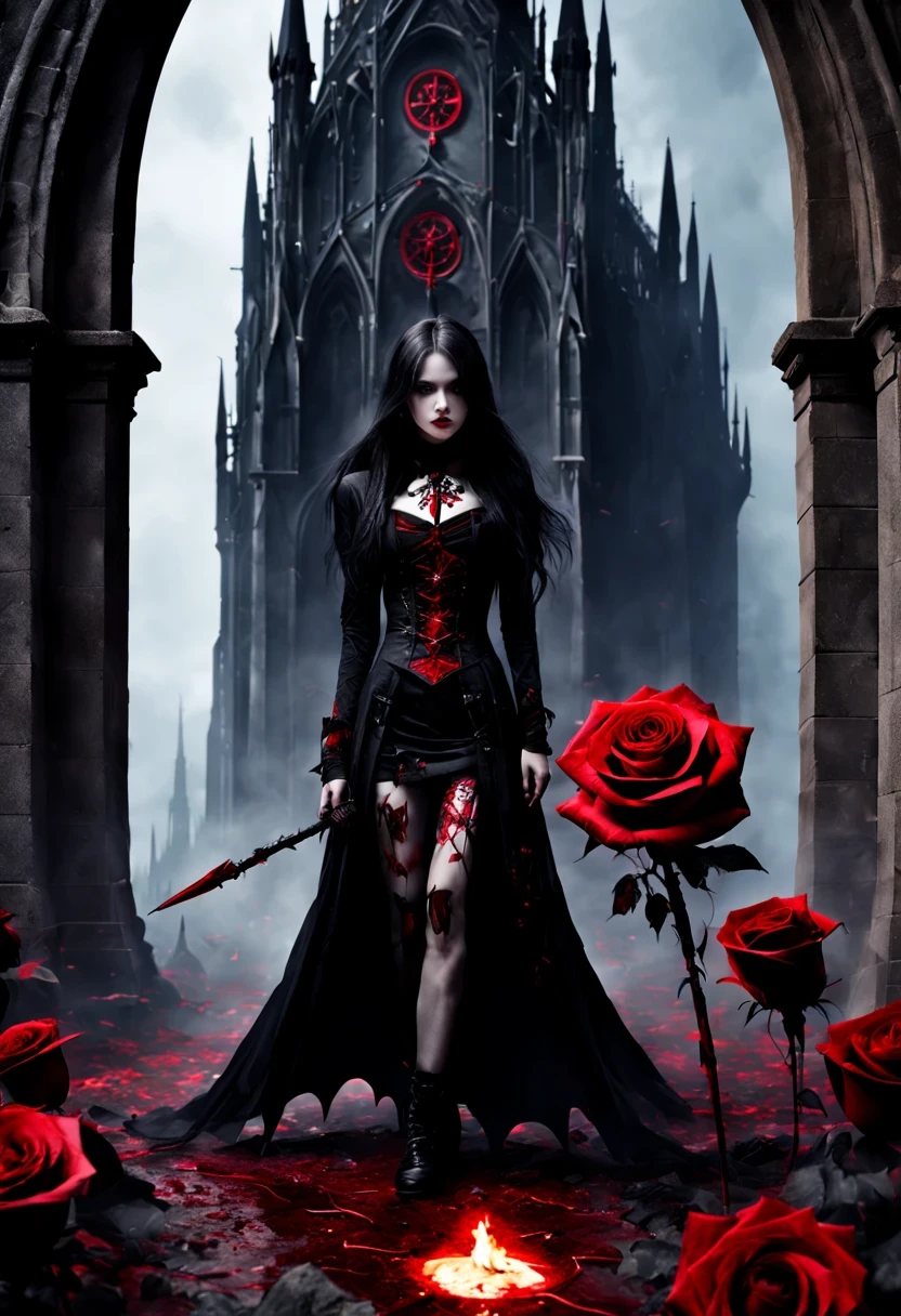 (Messenger from hell:1.4),cross,one个巨大的吸Blood鬼,View of sickle from below,hell,magma,flame,(紫色flame:1.3),There is fresh Blood on the ground,Blood pool,dripping Blood,Gothic aesthetics,one、Rose、castle、cross、Blood、churchyard,gothic style的神秘、solemn and profound,gothic style,gothic style蕾丝的衣服、象征浪漫的Rose、grave、吸Blood鬼、witch、ruins、gothic cathedral,Gothic symbols series