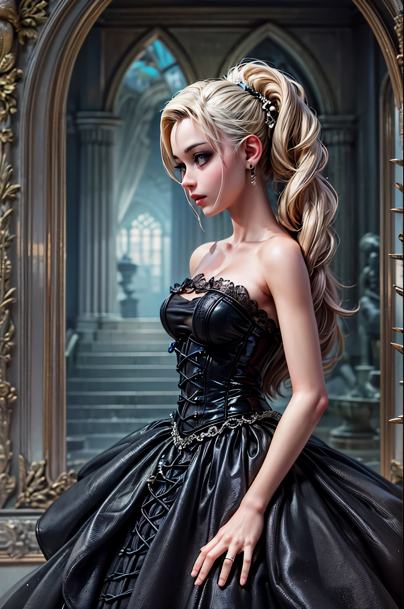 a goth picture of Barbie as a gothic queen (best details, Masterpiece, best quality :1.5), ultra detailed face (best details, Masterpiece, best quality :1.5), ultra feminine (best details, Masterpiece, best quality :1.5), wearing latex black mini dress, black stockings, pink high heels, long braided hair, hair pulled back, blond hair, dynamic goth background (best details, Masterpiece, best quality :1.5), ultra best realistic pictures , best details, best quality, 16k, [ultra detailed], masterpiece, best quality, (extremely detailed), ultra wide shot, photorealism, depth of field, hyper realistic painting