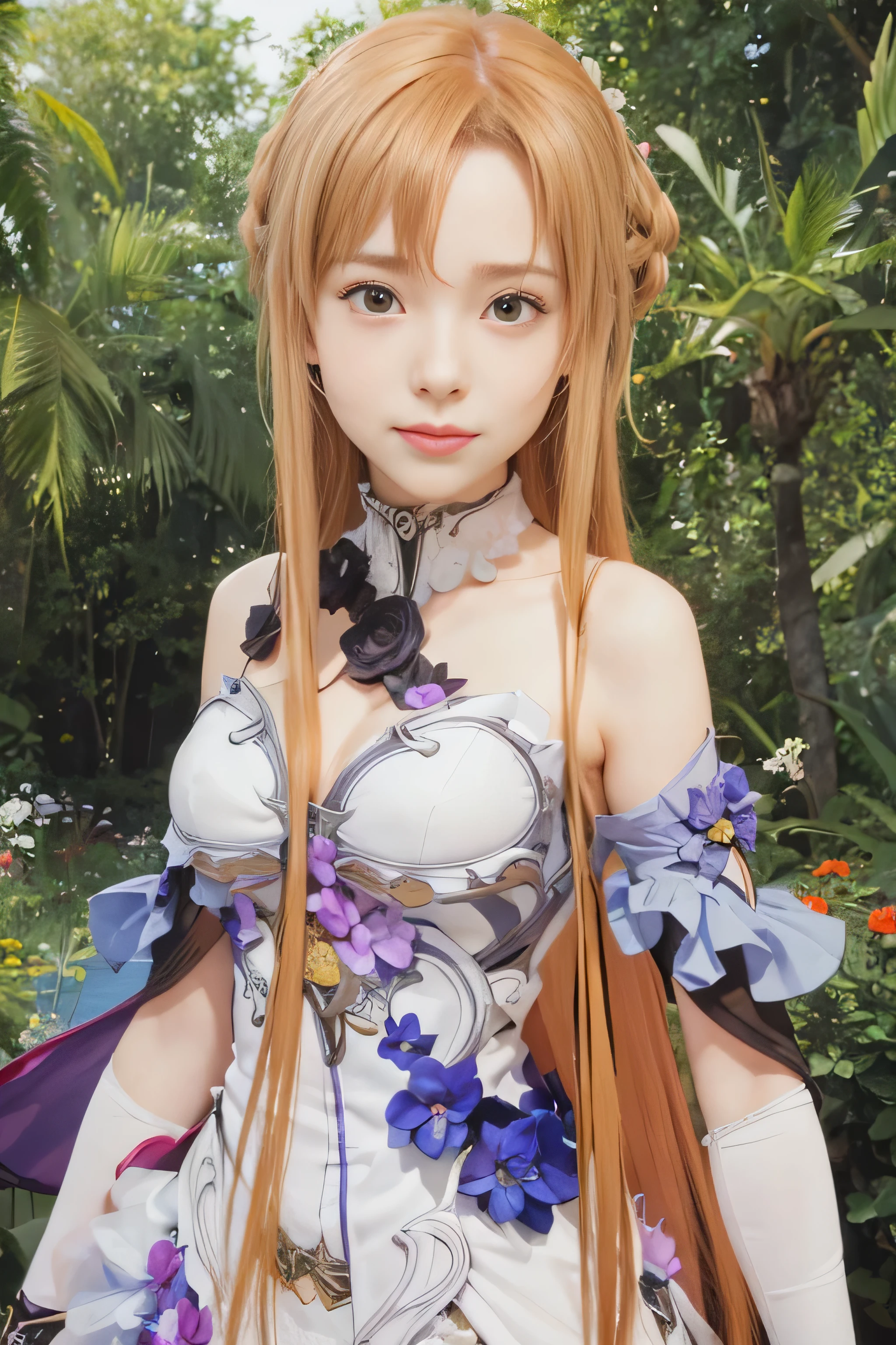 Realistic,masterpiece, best quality, (realistic,photo-realistic:1.4), (RAW photo:1.2),extremely detailed CG unity 8k wallpaper, delicate and beautiful, amazing,finely detail, official art, absurdres, incredibly absurdres, huge filesize, ultra-detailed,extremely detailed eyes and face, light on face,yuuki asuna,little smile,(caramel hair:1.3),long hair,(wearing black flower armored dress1.4),(medium breast:1.3),coconut trees,white choker