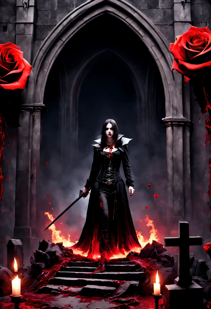 （Messenger from hell：1.4），cross，one个巨大的吸Blood鬼，View of sickle from below，hell，magma，flame，（紫色flame：1.3），There is fresh Blood on the ground，Blood pool，dripping Blood，Gothic aesthetics，one、Rose、castle、cross、Blood、churchyard，gothic style的神秘、solemn and profound，gothic style，gothic style蕾丝的衣服、象征浪漫的Rose、grave、吸Blood鬼、witch、ruins、gothic cathedral，Gothic symbols series