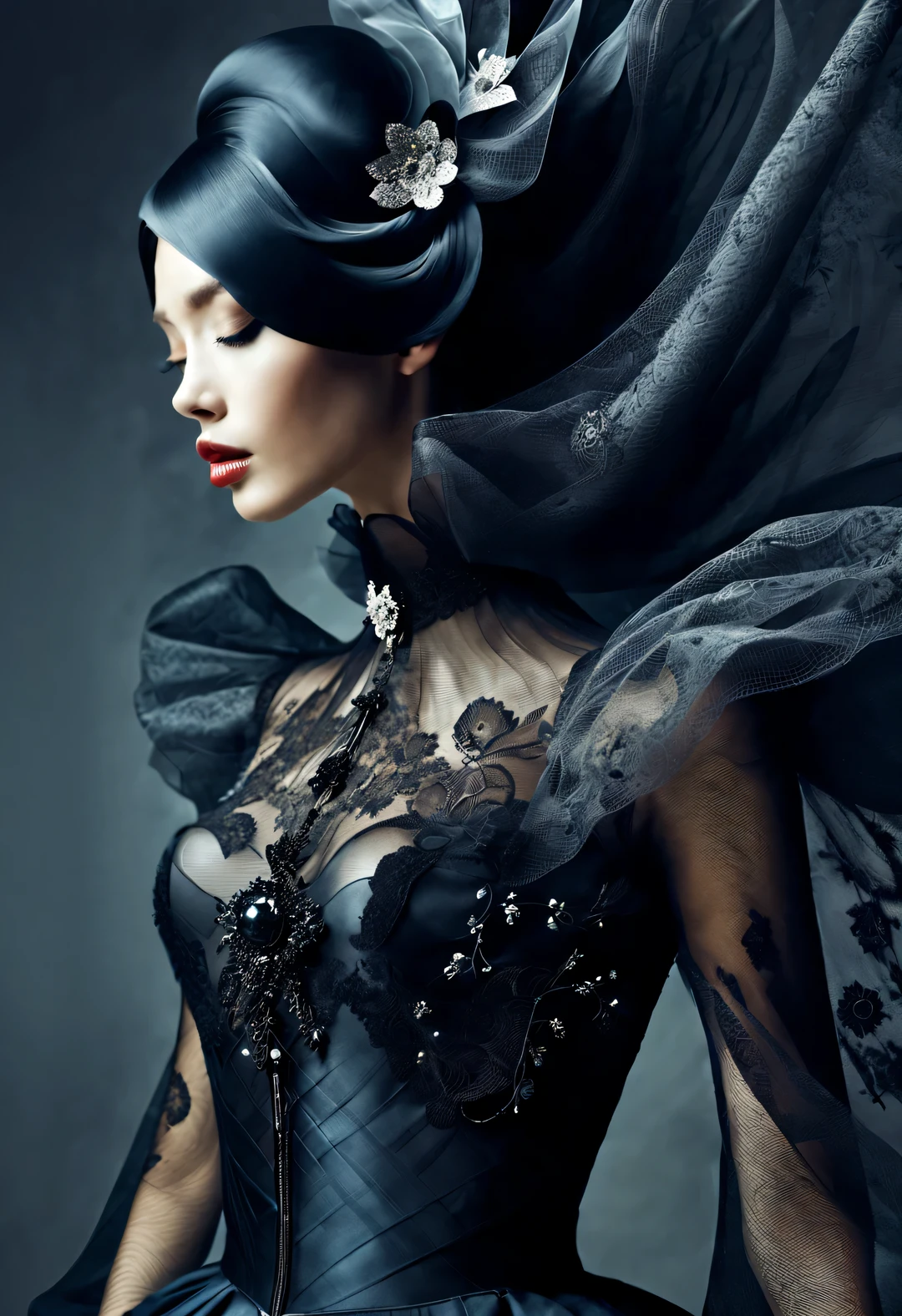Alberto Seviso style, beautiful details，（Paris fashion show），beautiful model，gothic art，Dream，Use the Glow Photography Style，
collar，reveal without revealing，curve，纵向thin and long，Gorgeous，Black色丝绒
廓形：fit and tight，Acute triangle，straight line，streamline，shoulder color：Black，red navy，dark，dark green，Various solid color fabrics：velvet，satin，lace，net，PVC,eraser，leather pattern：cross，lace，badge，roses towering，thin and long，华丽curve，Religious elements。reveal without revealing，sharp corner shape，
