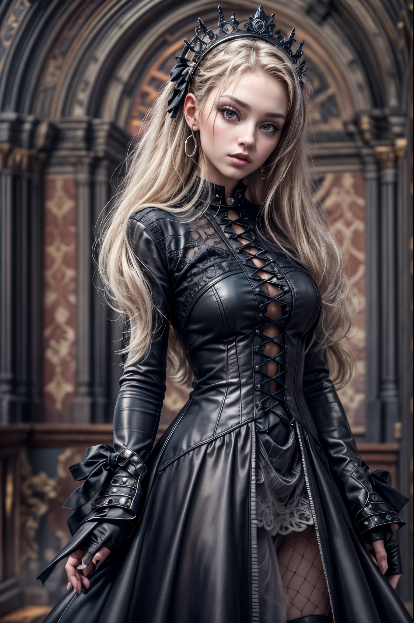 a goth picture of Barbie as a gothic queen (best details, Masterpiece, best quality :1.5), ultra detailed face (best details, Masterpiece, best quality :1.5), ultra feminine (best details, Masterpiece, best quality :1.5), wearing latex black mini dress, black stockings, pink high heels, long braided hair, hair pulled back, blond hair, dynamic goth background (best details, Masterpiece, best quality :1.5), ultra best realistic pictures , best details, best quality, 16k, [ultra detailed], masterpiece, best quality, (extremely detailed), ultra wide shot, photorealism, depth of field, hyper realistic painting