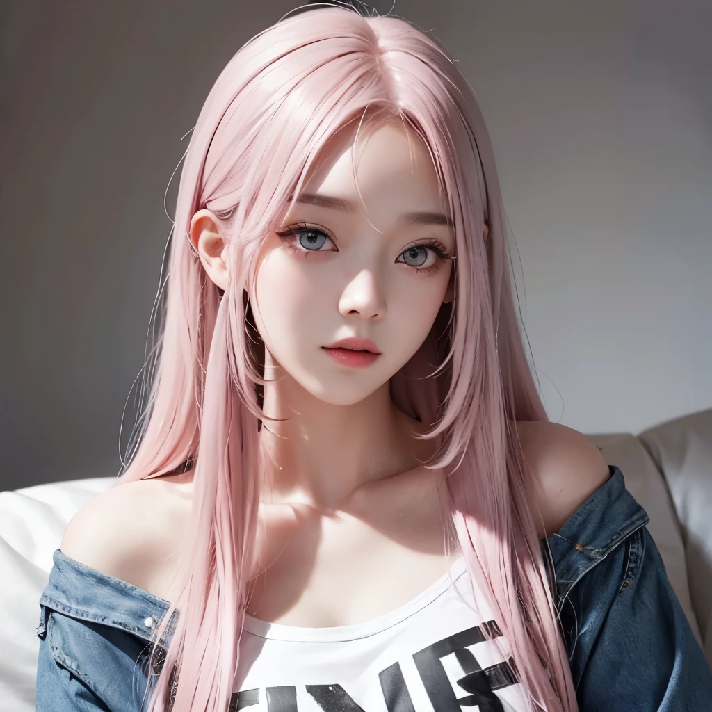 Girl, long soft pink hair, gray eyes, sharp features, white skin, makeup, jeans style