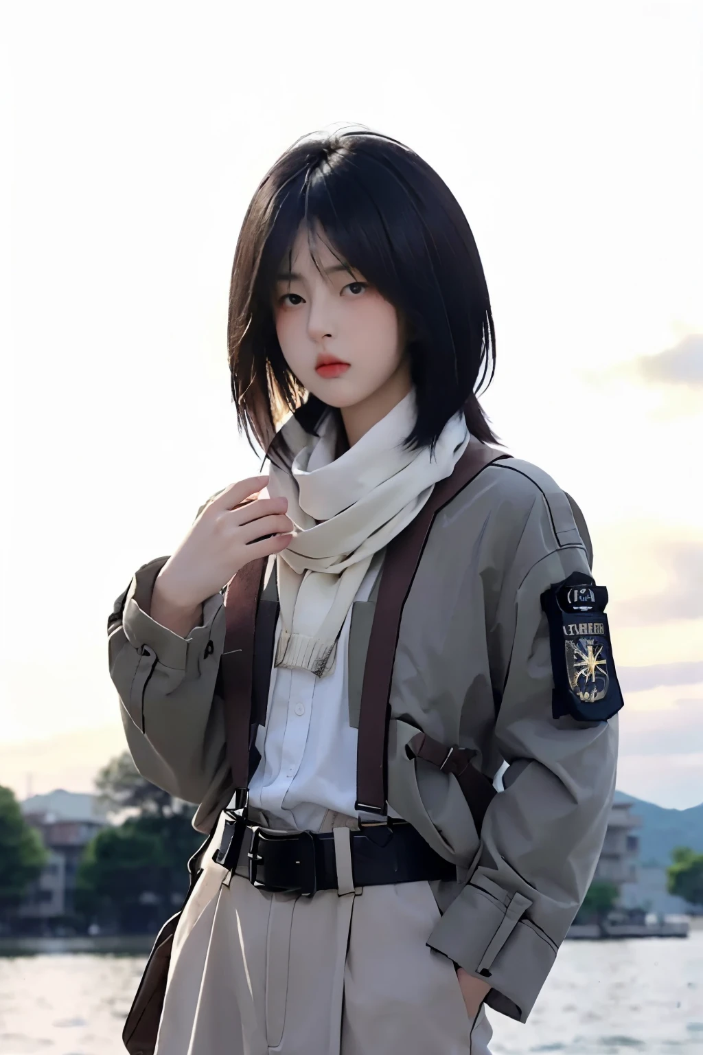 mikasa ackerman, shingeki no kyojin, 1girl, bangs, belt, belt buckle, black eyes, black hair, brown belt, brown jacket, buckle, dress shirt, hair between eyes, jacket, long sleeves, medium hair, open clothes, open jacket, paradis military uniform, red scarf, scarf, shirt, solo, standing in the lake with moon in the sky, straight hair, suspenders, three-dimensional maneuver gear, white background, white shirt, wing collar

, ((masterpiece)) 