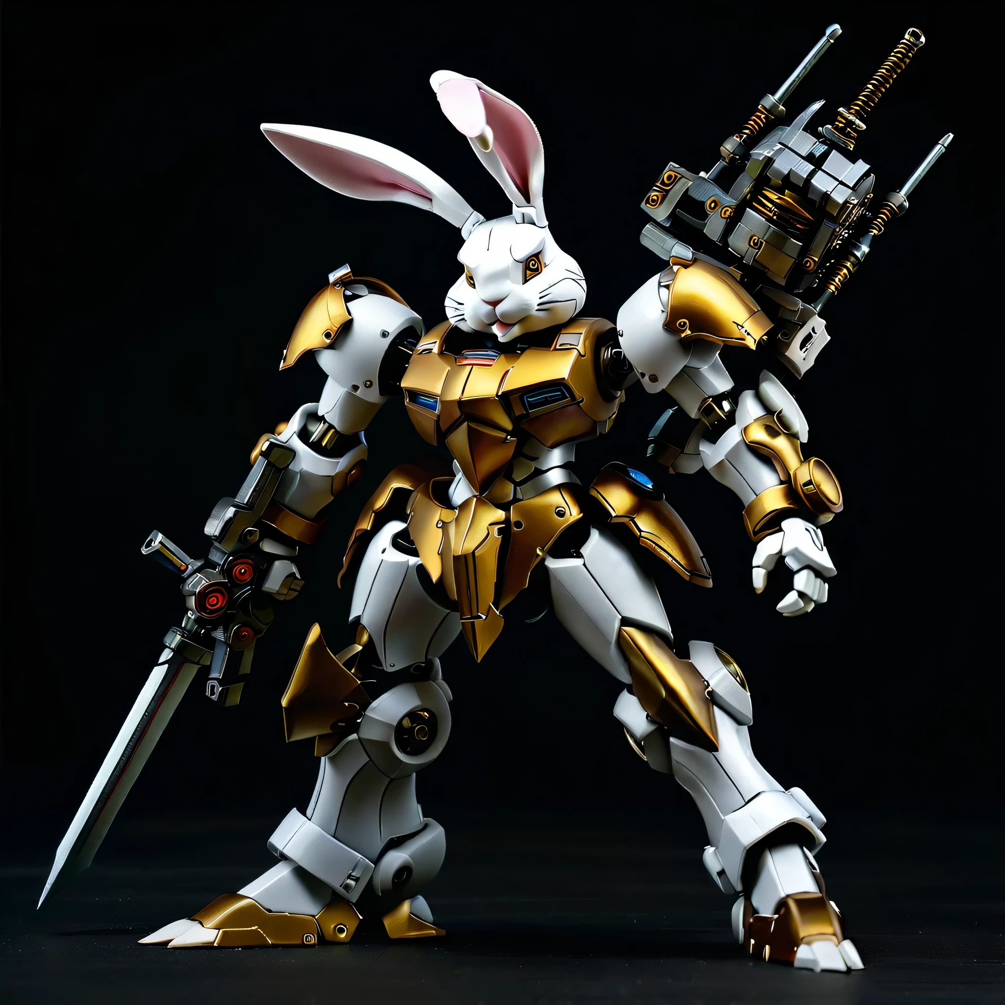 full view, Pure black background, White and yellow rabbit mecha standing on the ground in fighting pose, It has a head shaped like a mechanical rabbit and a body composed of ultra-precision mechanical parts., Electronic Component, and metal armor. (Well-designed, high detail, masterpiece, best quality, ultra high definition, Sharpen details, metallic feel)
