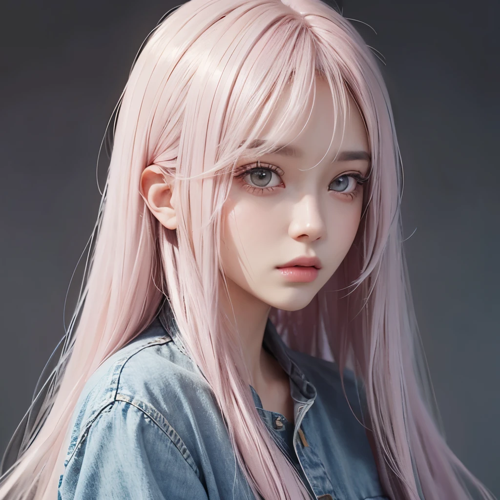 Girl, long soft pink hair, gray eyes, sharp features, white skin, makeup, jeans style