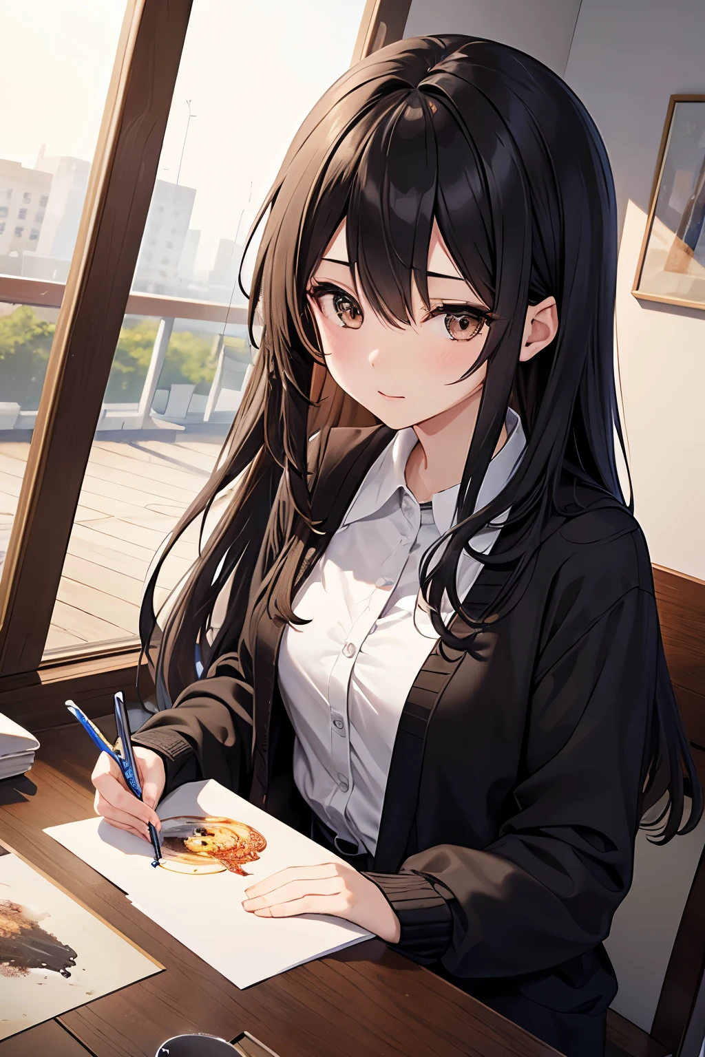 ((highest quality)),(ultra high resolution),(Super detailed),(detailed description),((best CG)),(best work of art),super precision art,great drawing art,(Art with precise details:1.5), Portrait:1.6,bust shot:1.4,(1 woman:1.5),beautiful and well-shaped face:1.5、 Japanese、girl,Slender、small face、brown eyes、tall、 highres,black hair、long hair、classroom、(black cardigan:1.3)、、Are standing、Mature