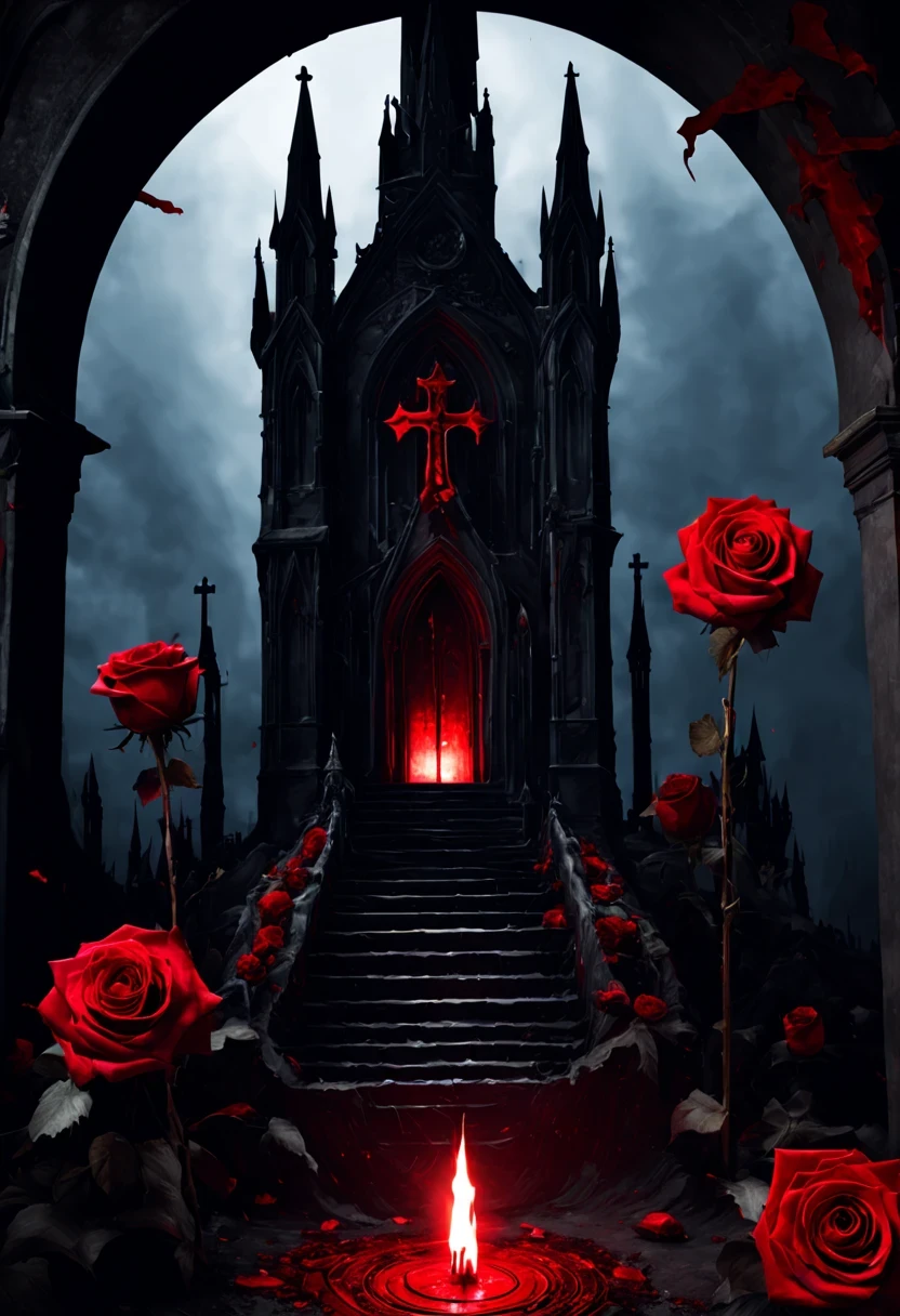 (Messenger from hell:1.4),cross,one个巨大的吸Blood鬼,View of sickle from below,hell,magma,flame,(紫色flame:1.3),There is fresh Blood on the ground,Blood pool,dripping Blood,Gothic aesthetics,one、Rose、castle、cross、Blood、churchyard,gothic style的神秘、solemn and profound,gothic style,gothic style蕾丝的衣服、象征浪漫的Rose、grave、吸Blood鬼、witch、ruins、gothic cathedral,Gothic symbols series