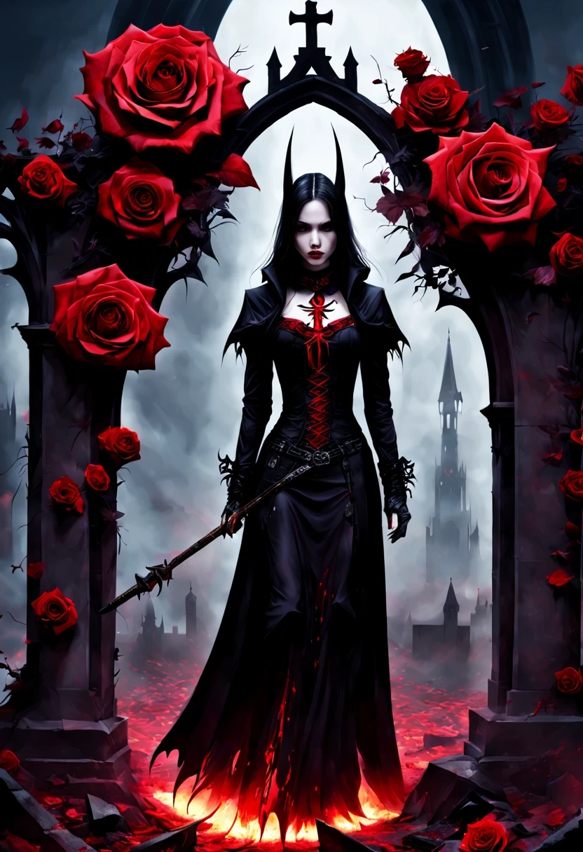 (Messenger from hell:1.4),cross,one个巨大的吸Blood鬼,View of sickle from below,hell,magma,flame,(紫色flame:1.3),There is fresh Blood on the ground,Blood pool,dripping Blood,Gothic aesthetics,one、Rose、castle、cross、Blood、churchyard,gothic style的神秘、solemn and profound,gothic style,gothic style蕾丝的衣服、象征浪漫的Rose、grave、吸Blood鬼、witch、ruins、gothic cathedral,Gothic symbols series