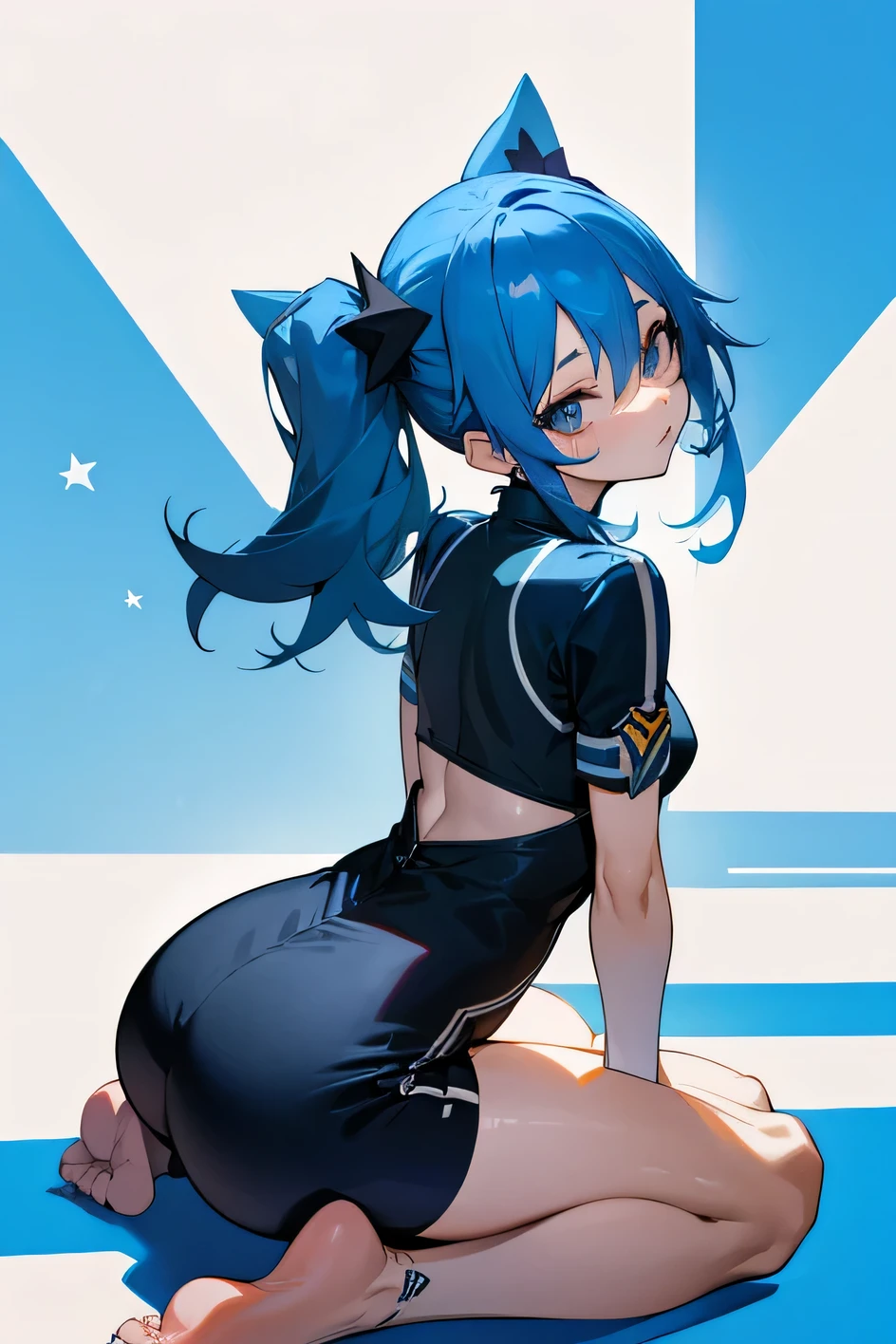 girl, leggings, blue hair, stockings, thigh high socks, skinny ((ass focus)) ((Focus on her breasts)), happy, flirty face, cute lips, blue hair, wide hips, thick thighs