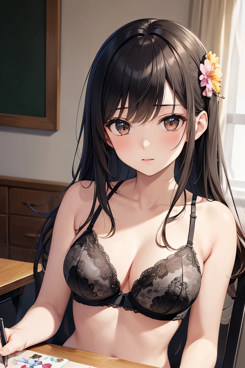 ((highest quality)),(ultra high resolution),(Super detailed),(detailed description),((best CG)),(best work of art),super precision art,great drawing art,(Art with precise details:1.5), Portrait:1.6,bust shot:1.4,(1 woman:1.5),beautiful and well-shaped face:1.5,(gray lace bra with flowers on the chest:1.5)、gray lace pantie, Japanese、girl,Slender、small face、brown eyes、tall、 highres,black hair、long hair、classroom、、Sitting at a desk、Mature