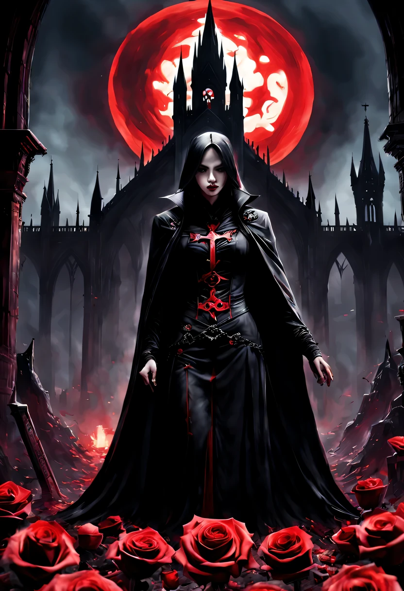 （Messenger from hell：1.4），cross，one个巨大的吸Blood鬼，View of sickle from below，hell，magma，flame，（紫色flame：1.3），There is fresh Blood on the ground，Blood pool，dripping Blood，Gothic aesthetics，one、Rose、castle、cross、Blood、churchyard，gothic style的神秘、solemn and profound，gothic style，gothic style蕾丝的衣服、象征浪漫的Rose、grave、吸Blood鬼、witch、ruins、gothic cathedral，Gothic symbols series