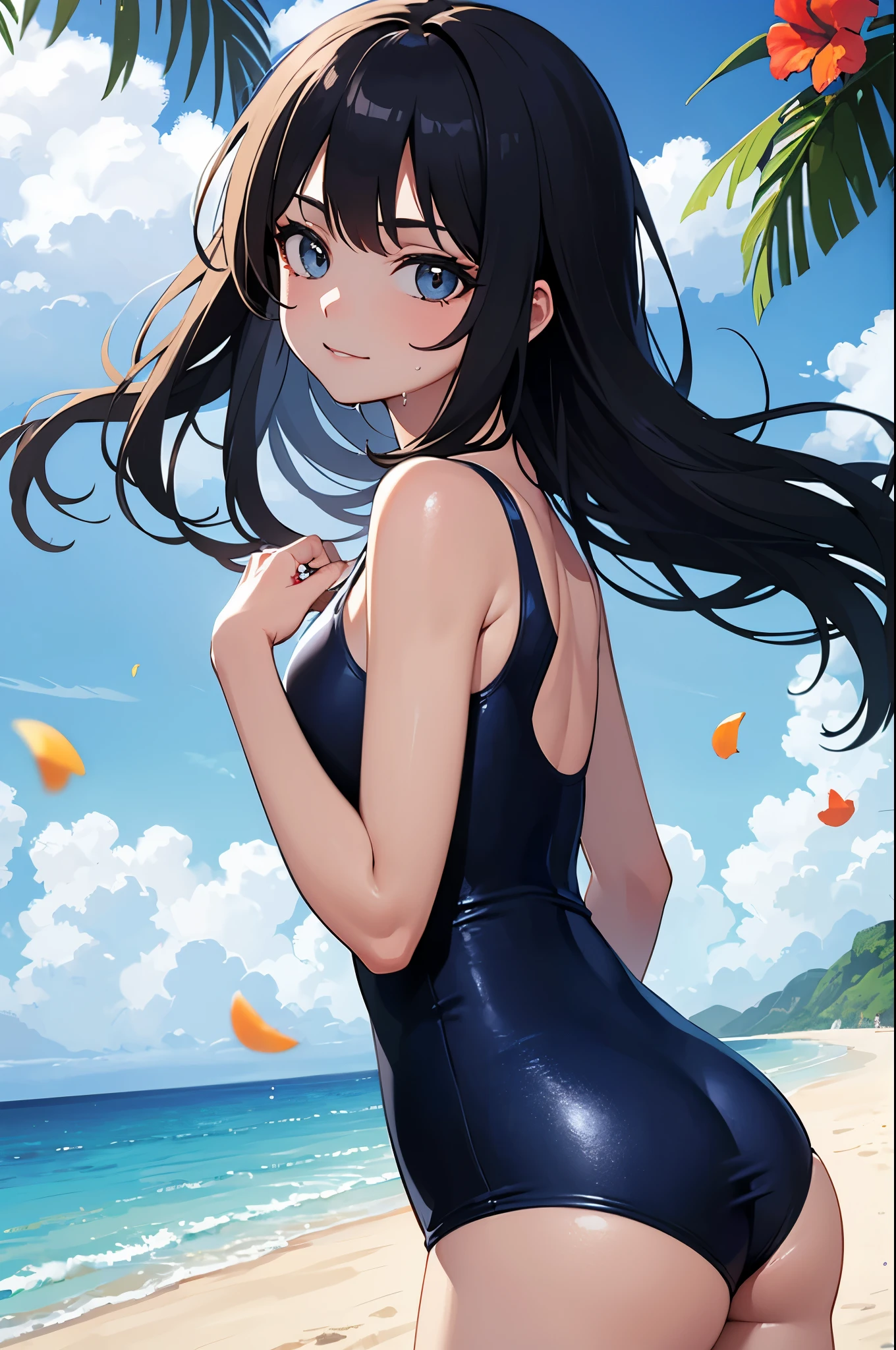 (masterpiece, best quality, 8k ultra high resolution:1.4), (Tropical, Beachside, Flowers: 1.4), depth of field, cinematic focus, emotional composition, from behind angle, look back
BREAK
young kawaii girl, slender body, flat chest, provocative and smirk and love face expression, ultra detailed shiny skin, dark blue one-piece swimsuit, (wet and shiny detailed swimsuits: 1.2), wet and shiny thighs, perfect beautiful hip
BREAK
(realistic: 1.2), beautiful pony-tail hair, wind, detailed in the wind, petals dancing in the wind
BREAK
ultra detailed crystal eyes, bright red jewelry eyes