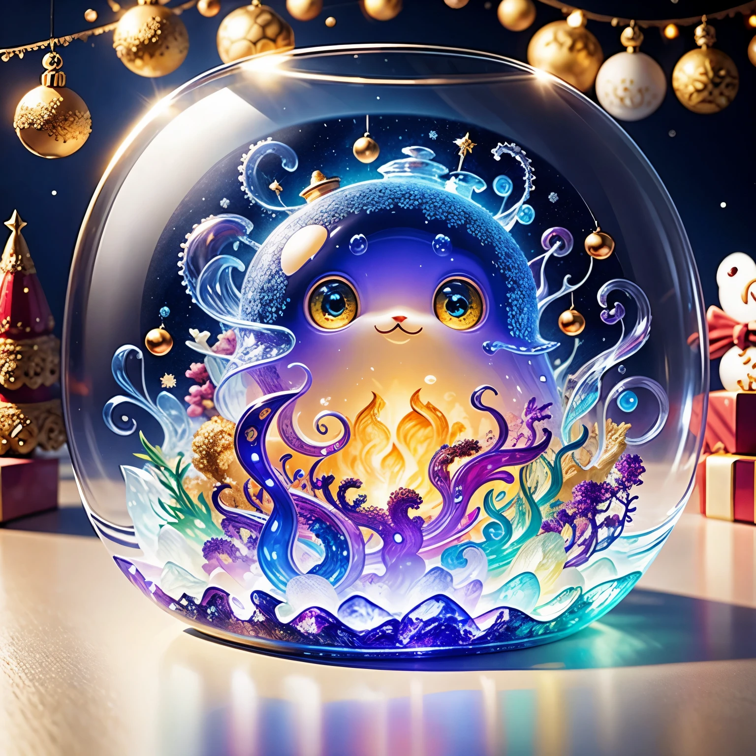 (La best quality,high resolution,super detailed,actual)，Octopus formed from jelly，in the room，Christmas decoration，surrounded by christmas gifts，A masterpiece full of fantasy elements）））， （（best quality））， （（intricate details））（8k）