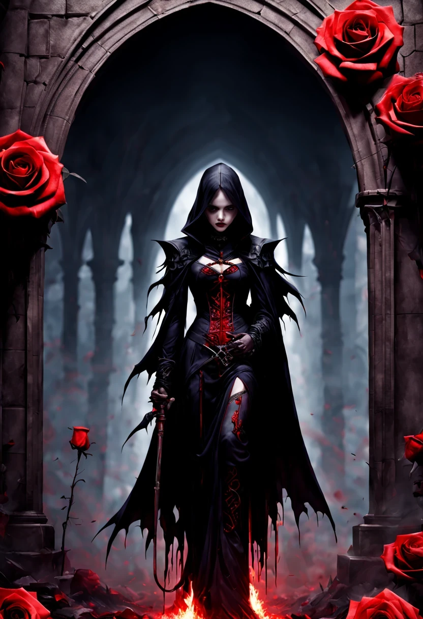 (Messenger from hell:1.4),cross,one个巨大的吸Blood鬼,View of sickle from below,hell,magma,flame,(紫色flame:1.3),There is fresh Blood on the ground,Blood pool,dripping Blood,Gothic aesthetics,one、Rose、castle、cross、Blood、churchyard,gothic style的神秘、solemn and profound,gothic style,gothic style蕾丝的衣服、象征浪漫的Rose、grave、吸Blood鬼、witch、ruins、gothic cathedral,Gothic symbols series