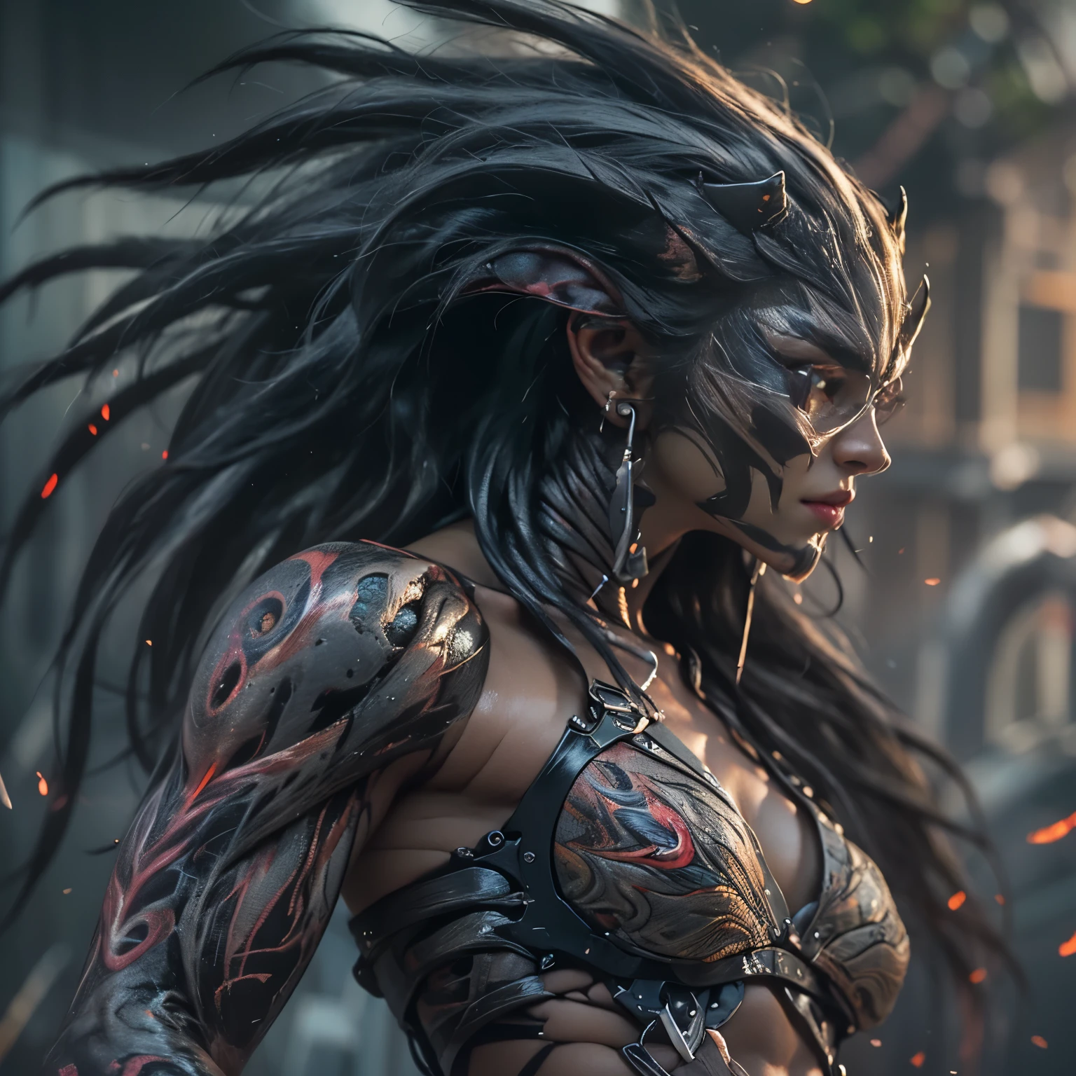 1 female alien, The predator, (extremely beautiful:1.2), (intense gaze:1.4), (predator:1.1), long dark claws, (NSFW:1), nipples, thick eyebrows, (She has shining opal eyes:1.2), the most beautiful face in the universe, jet black hair, symmetrical beautiful eyes, hyper detailed eyes,

A woman predator with an extremely beautiful face, her intense gaze fixed on her prey, a primal force that could not be denied.

(beautiful lean body:1.5), (muscular build:1.2), (prowling:1.3), (sleek movements:1.4)

Her beautiful body, muscular and toned, moved with sleek grace as she prowled, ready to strike at a moment's notice. The predator within her was always on,                                                                          
                                                                                                                                                               
 cinematic drawing of characters, ultra high quality model, cinematic quality, detail up, (Intricate details:1.2), High resolution, High Definition, drawing faithfully, Official art, Unity 8K wall , 8K Portrait, Best Quality, Very High resolution, ultra detailed artistic photography,