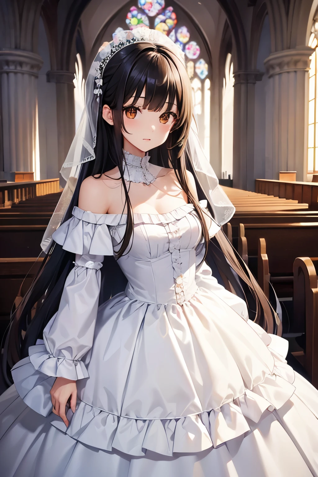 best quality、brown eyes、Slender、tall、8k、girl, highres,black hair、long hair、white wedding dress、church、off shoulder、frills