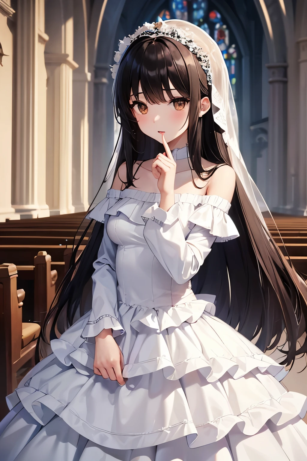 best quality、brown eyes、Slender、tall、8k、girl, highres,black hair、long hair、white wedding dress、church、off shoulder、frills