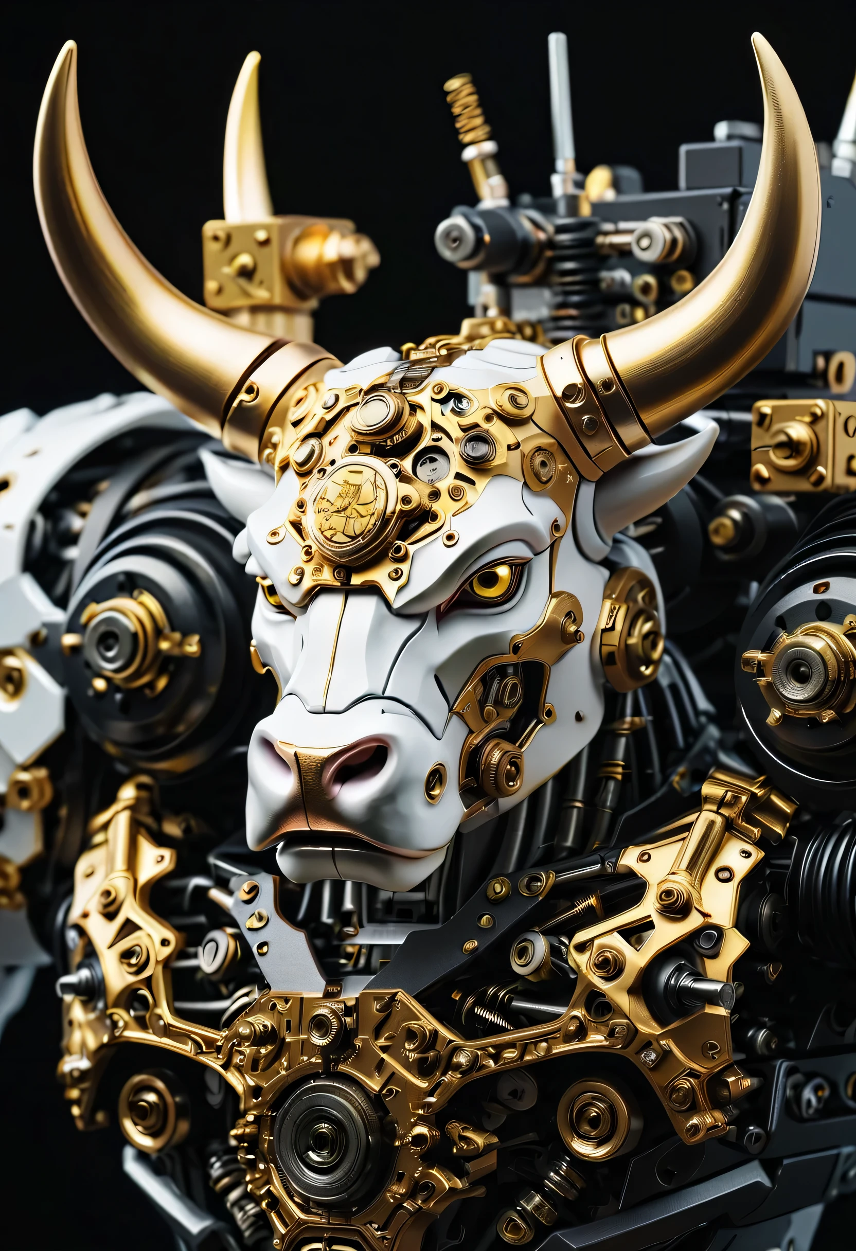 Half-length photo or portrait, White and yellow bull machine head on solid black background, Composed of ultra-precision mechanical components, Electronic, and metal armor.(Ray tracing, Well-designed, high detail, masterpiece, best quality, ultra high definition)