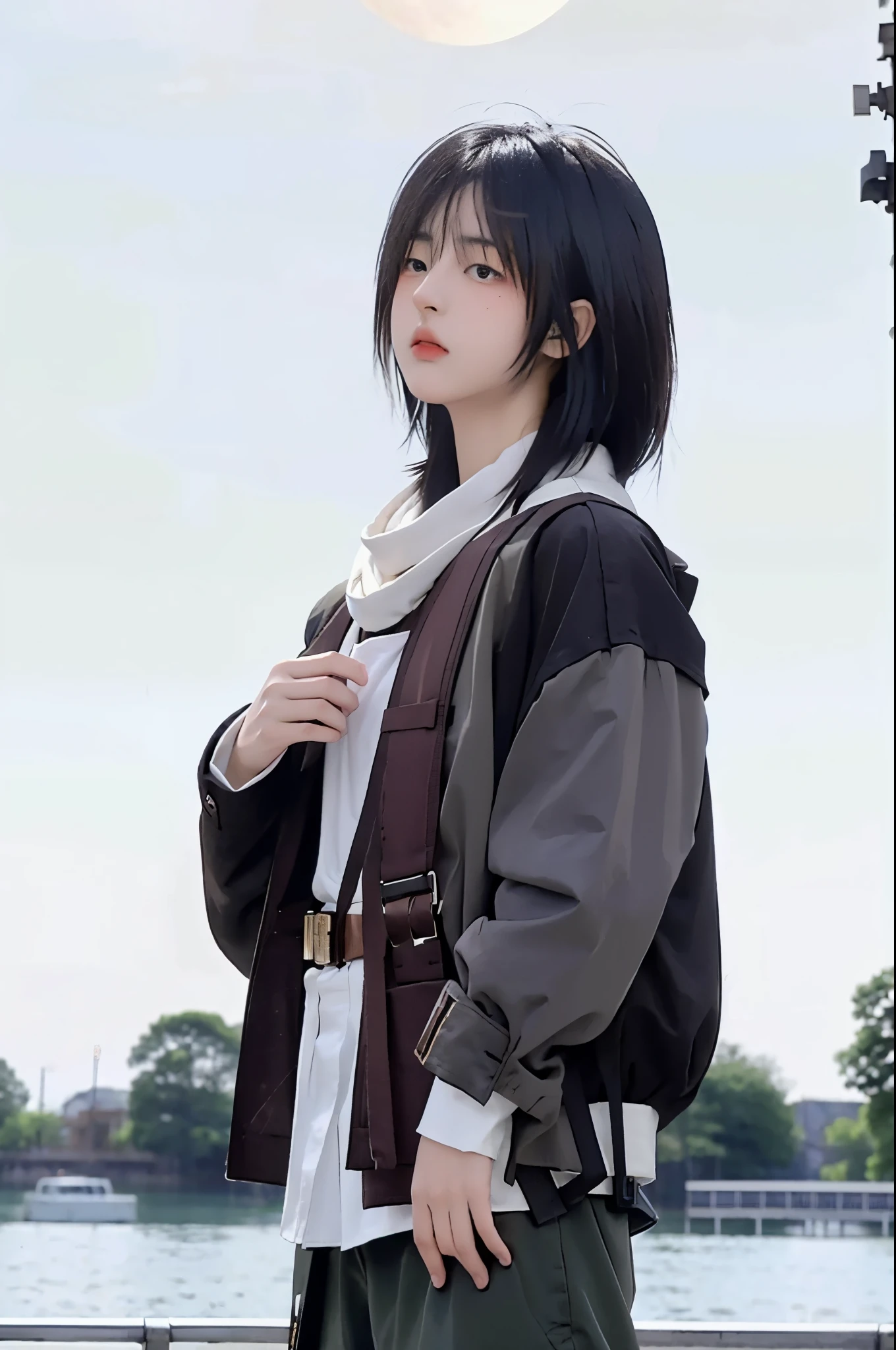 mikasa ackerman, shingeki no kyojin, 1girl, bangs, belt, belt buckle, black eyes, black hair, brown belt, brown jacket, buckle, dress shirt, hair between eyes, jacket, long sleeves, medium hair, open clothes, open jacket, paradis military uniform, red scarf, scarf, shirt, solo, standing in the lake with moon in the sky, straight hair, suspenders, three-dimensional maneuver gear, white background, white shirt, wing collar

, ((masterpiece)) 