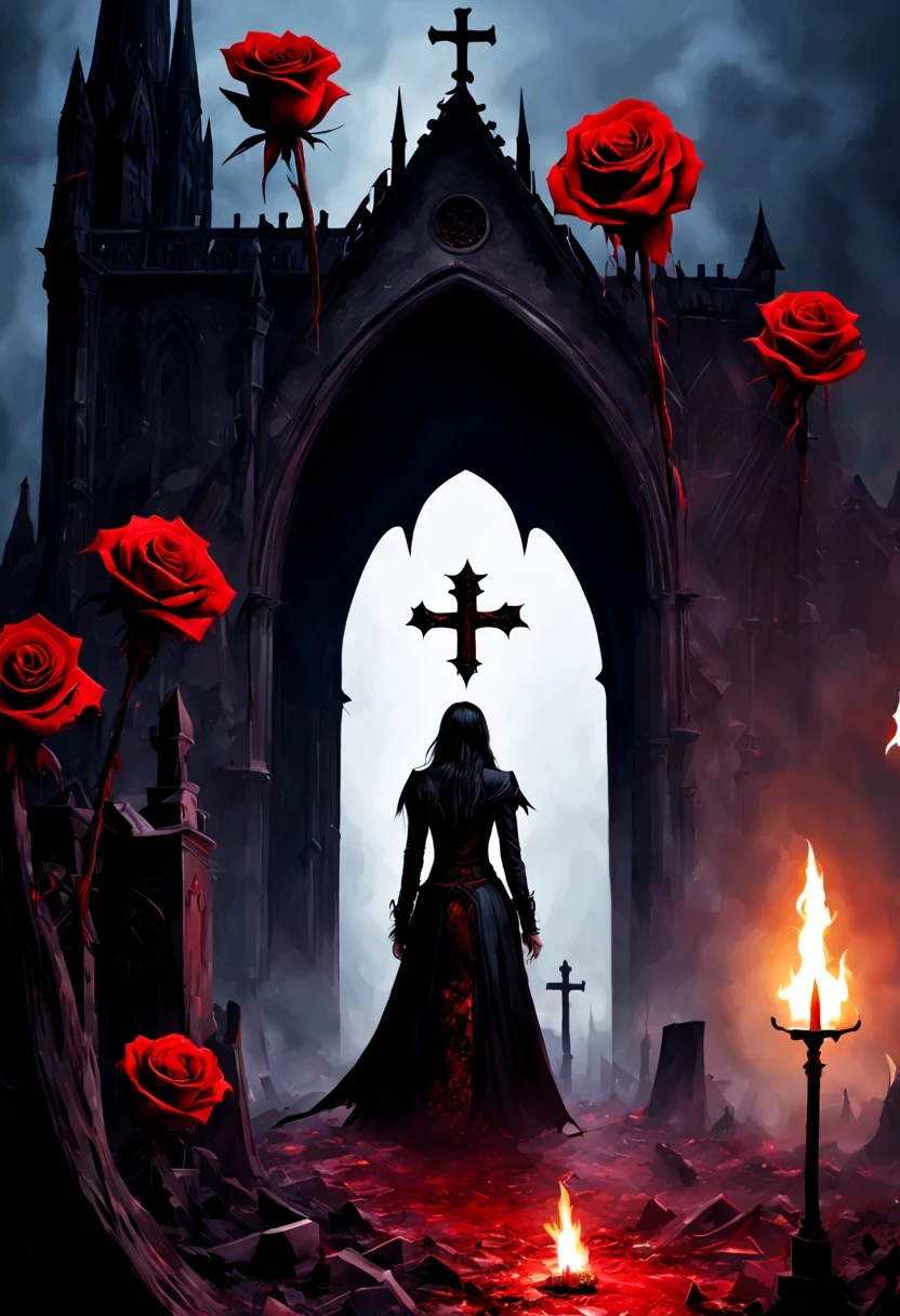 （Messenger from hell：1.4），cross，one个巨大的吸Blood鬼，View of sickle from below，hell，magma，flame，（紫色flame：1.3），There is fresh Blood on the ground，Blood pool，dripping Blood，Gothic aesthetics，one、Rose、castle、cross、Blood、churchyard，gothic style的神秘、solemn and profound，gothic style，gothic style蕾丝的衣服、象征浪漫的Rose、grave、吸Blood鬼、witch、ruins、gothic cathedral，Gothic symbols series