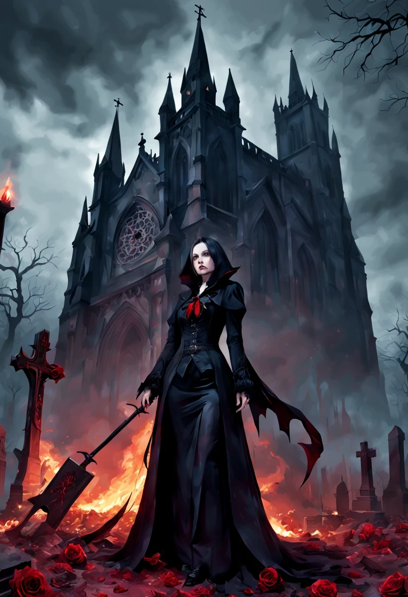 (Messenger from hell:1.4),cross,one个巨大的吸Blood鬼,View of sickle from below,hell,magma,flame,(紫色flame:1.3),There is fresh Blood on the ground,Blood pool,dripping Blood,Gothic aesthetics,one、Rose、castle、cross、Blood、churchyard,gothic style的神秘、solemn and profound,gothic style,gothic style蕾丝的衣服、象征浪漫的Rose、grave、吸Blood鬼、witch、ruins、gothic cathedral,Gothic symbols series
