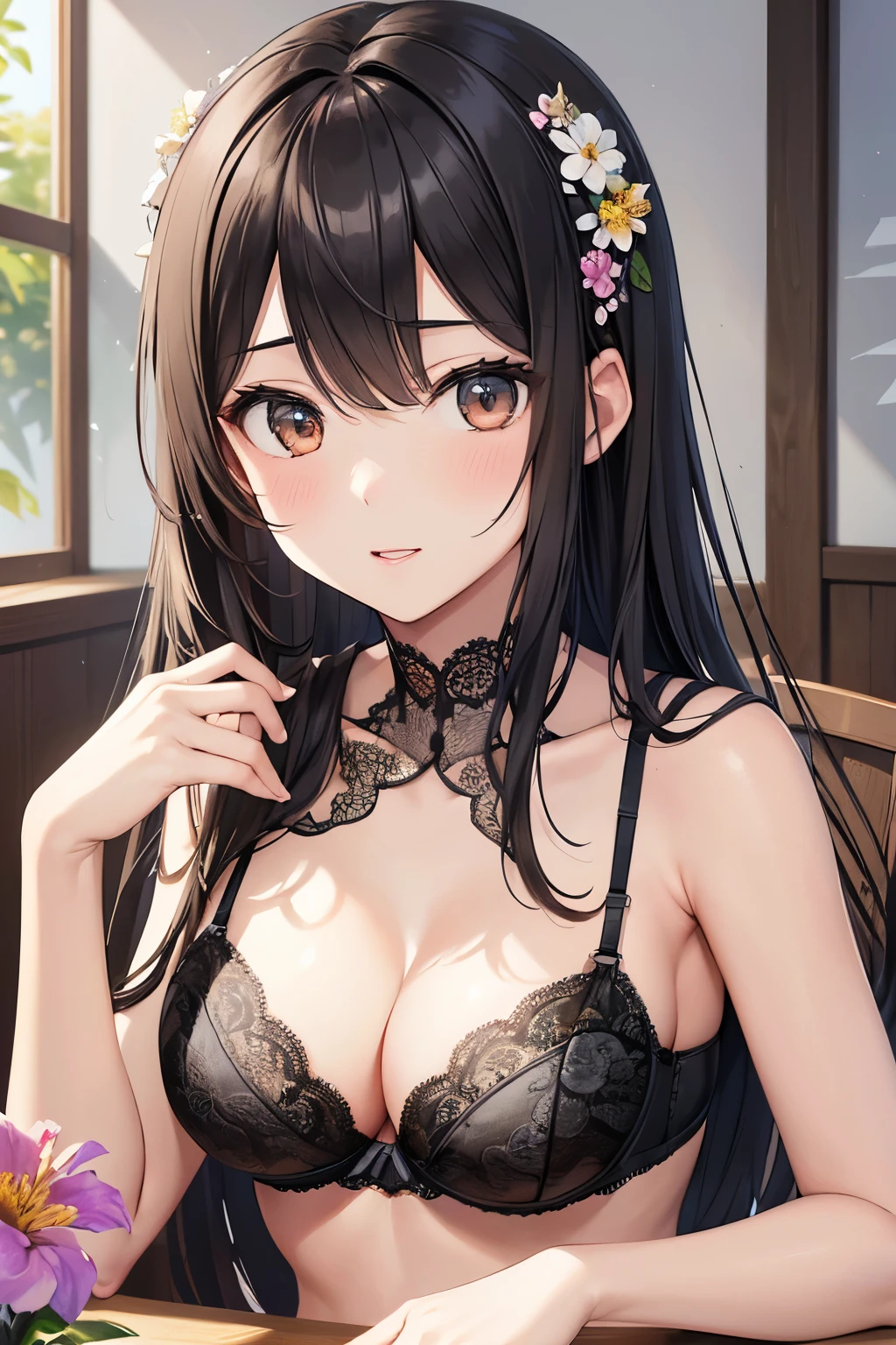 ((highest quality)),(ultra high resolution),(Super detailed),(detailed description),((best CG)),(best work of art),super precision art,great drawing art,(Art with precise details:1.5), Portrait:1.6,bust shot:1.4,(1 woman:1.5),beautiful and well-shaped face:1.5,(gray lace bra with flowers on the chest:1.5)、gray lace pantie, Japanese、girl,Slender、small face、brown eyes、tall、 highres,black hair、long hair、classroom、、Sitting at a desk、Mature