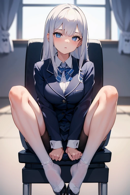 1girl, platinum silver hair, school uniform, blue eyes, 4K, (She is straddling the chair with her legs spread wide, facing towards me., Showing her panties:1.2), nsfw