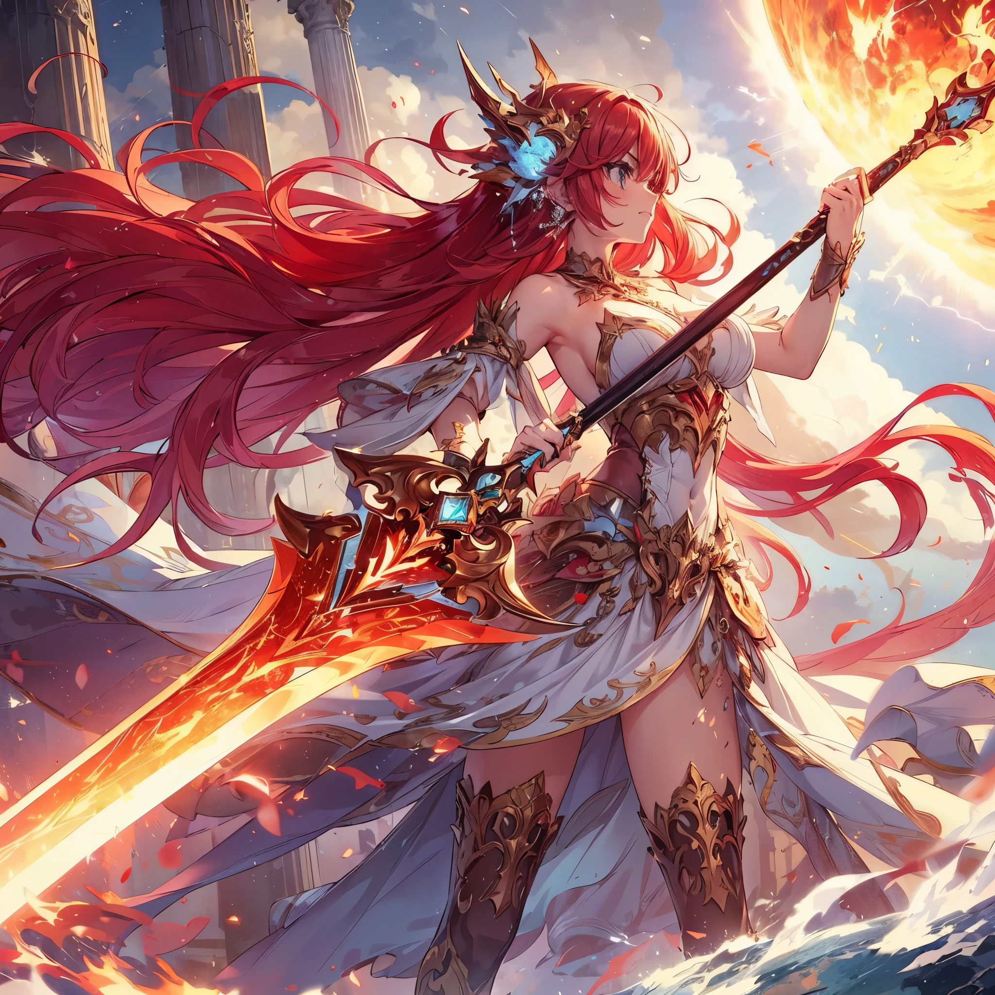 (masterpiece), best quality, expressive eyes, perfect face, ultra detailed, 1girl, solo, a goddess holding a huge sword,red hair, sword of flame, fighting stance, dynamic angle, attack battle form, holding giant sword, gripping , attack,glaring,  Close-ups of weapons, huge sword, ornate sword, full of momentum, sky cracking, thunder and lightning, planet exploding